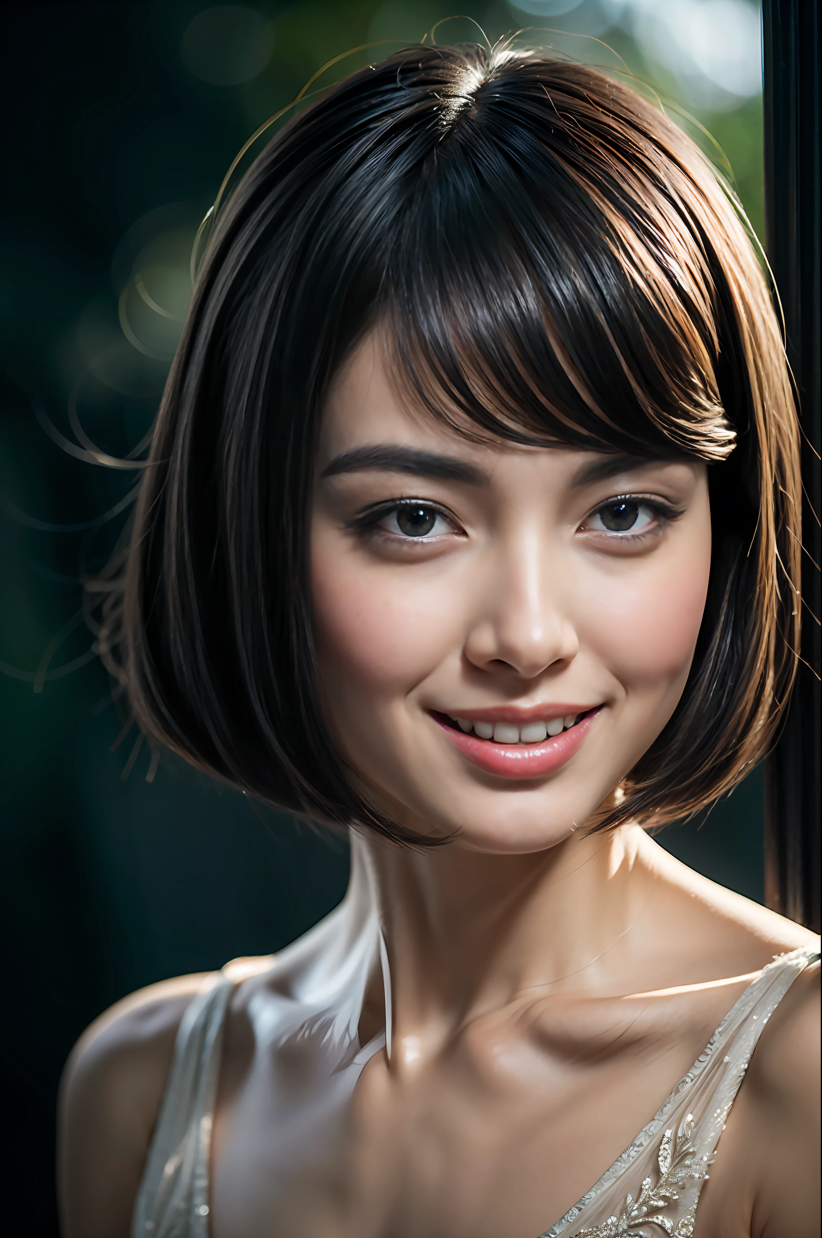 Masterpiece, Best quality, A high resolution,8K, Portrait,Erotic,Beautiful short black hair, Intricate, elegant, Highly detailed, Majestic, Digital photography,view the viewer,Smile,