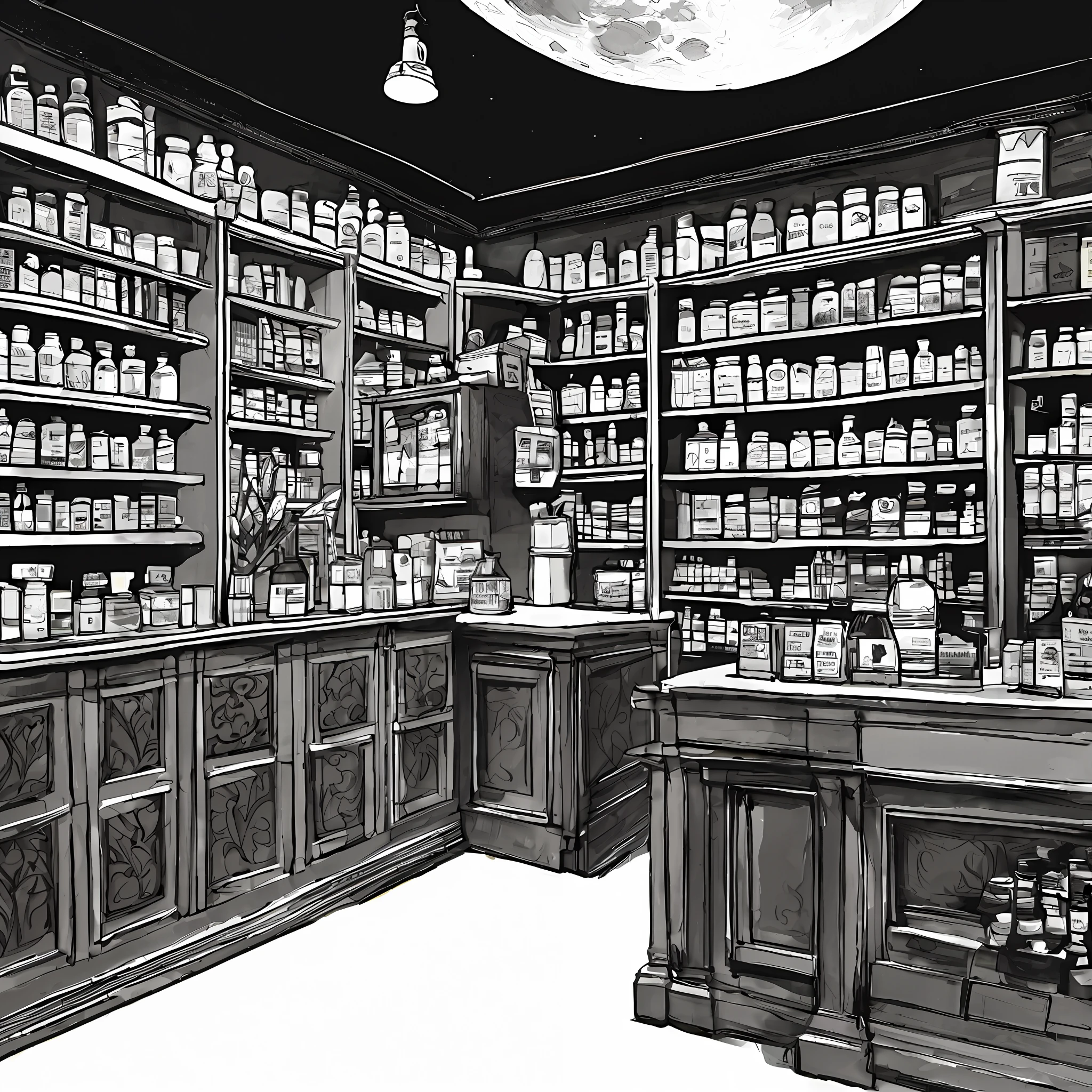 There is a drawing of a store with many bottles on the shelves, apothecary, image apothecary, a wizard's apothecary, pharmacy, in a potion shoppe, 12th century apothecary shop, Alquimistas vitorianos, drogaria, detailed ink illustration, commercial illustration, inside an old magic shop, Directed by: John Moonan