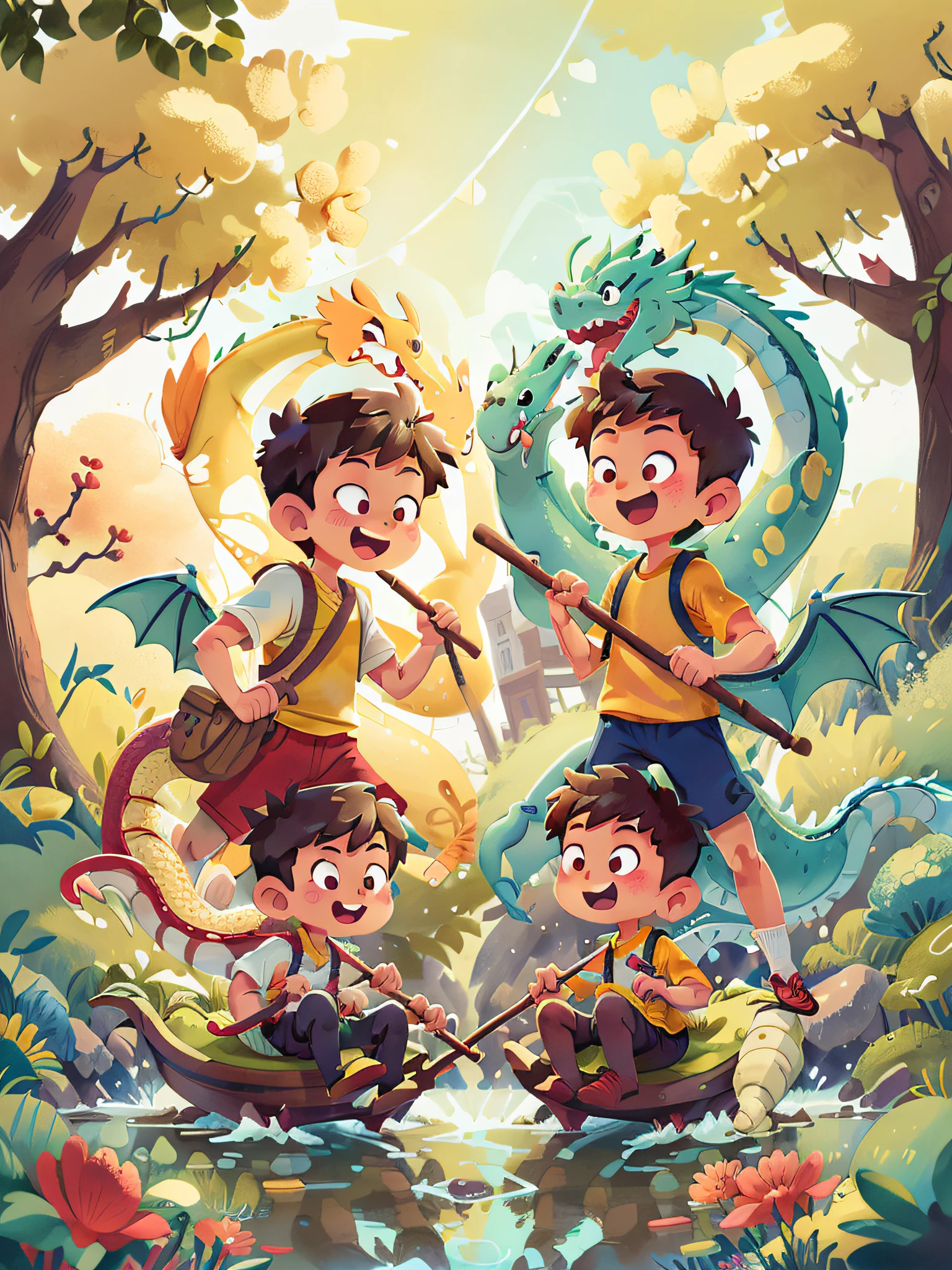 Poster design, (SFW), two rowing boys, Chinese dragon, spring outing, happy, background is a small river interspersed in Chinese street, perfect quality, clear focus, colorful, perfect face, intricate details, ultra-low viewing angle, wide angle lens