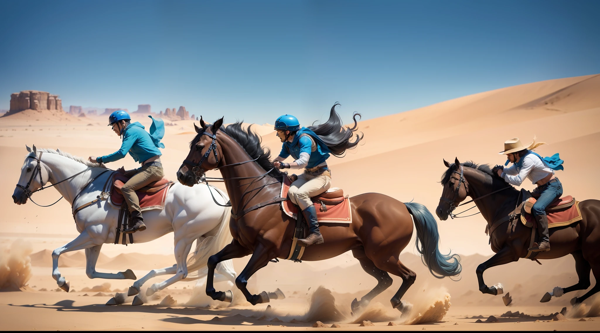 obra prima, alta quaalidade, cavalos correndo pelo deserto, blue skies,