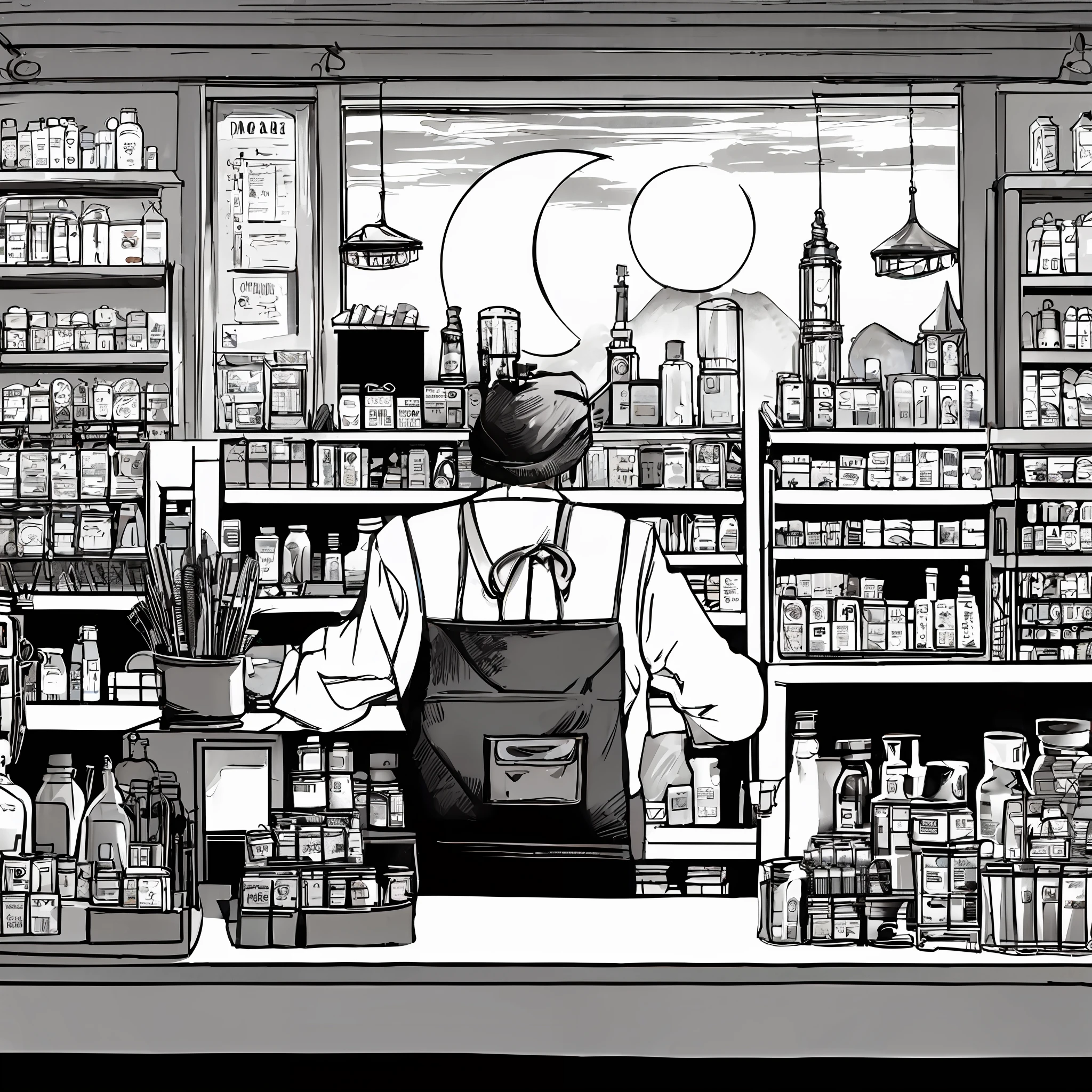 Illustration of a man in aprons standing in front of a store, image apothecary, apothecary, black and white manga panel, drogaria, full-page illustration, pharmacy, full-page illustration, convenience store, stylised graphic novel, a wizard's apothecary, commercial illustration, posuka demizu |, cena de abertura, black and white manga page