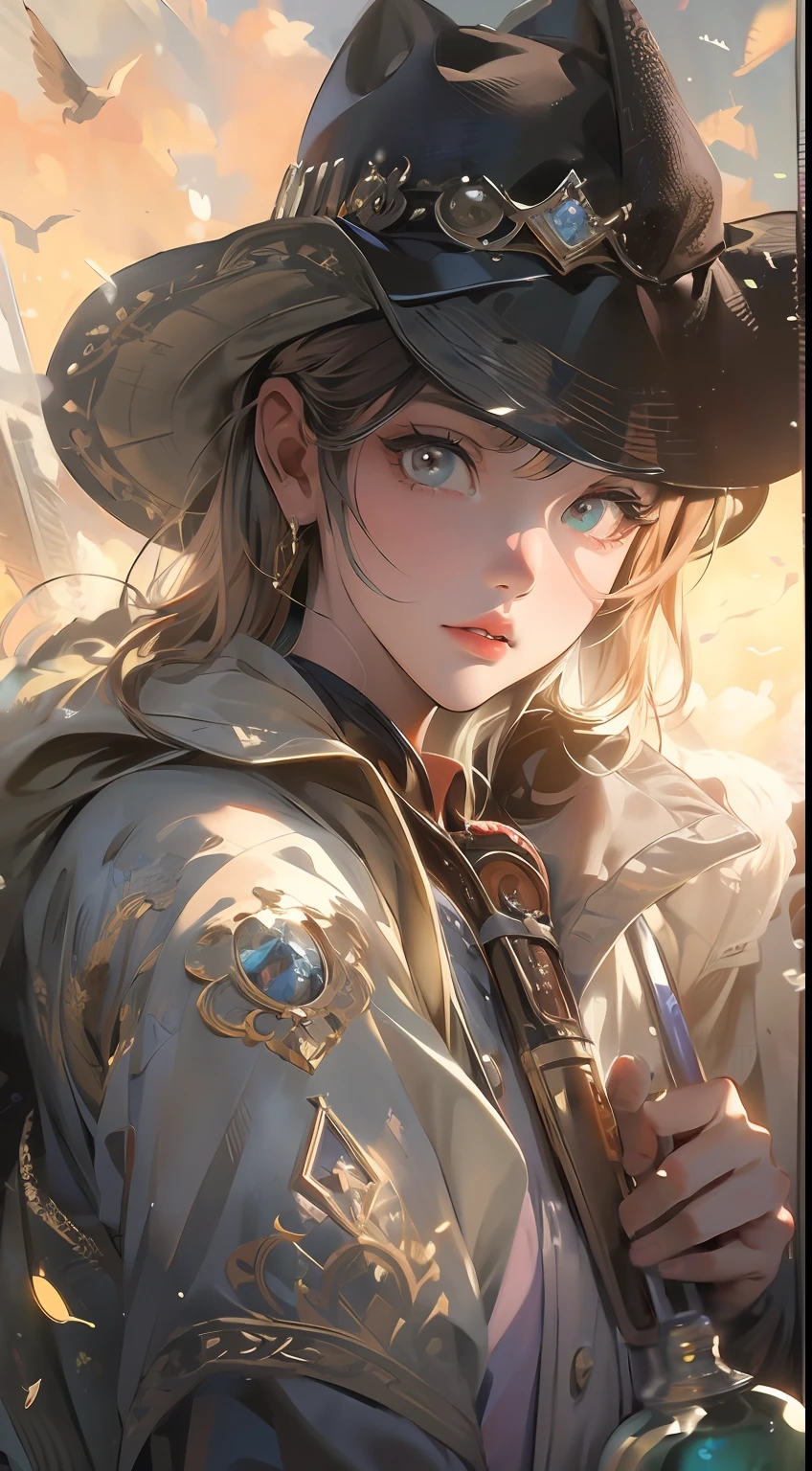 (masterpiece, best quality:1.4), cowboy shot, looking at viewer, sunlight, cloudy sky,
