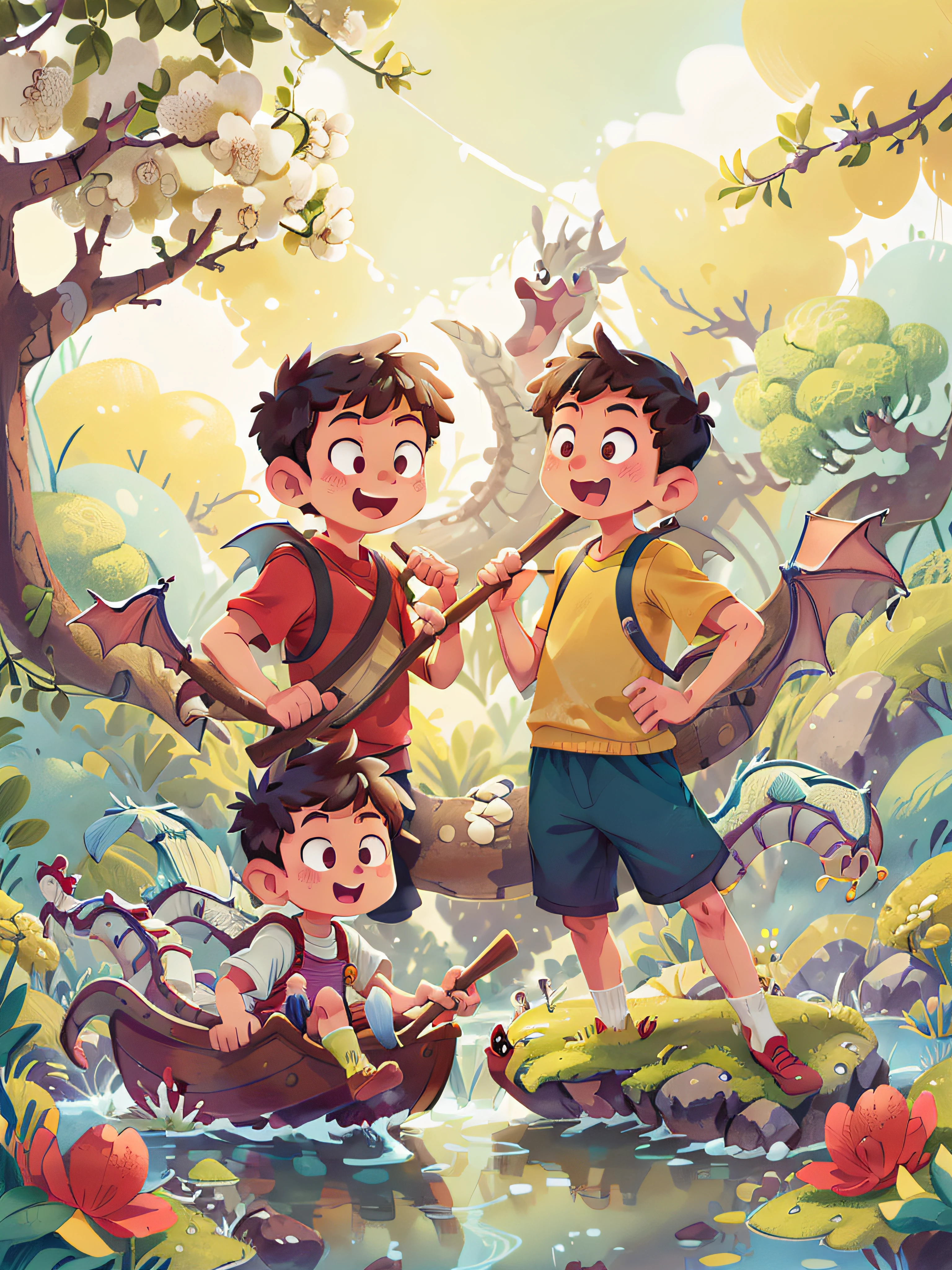 Poster design, (SFW), two rowing boys, Chinese dragon, spring outing, happy, background is a small river interspersed in Chinese street, perfect quality, clear focus, colorful, perfect face, intricate details, ultra-low viewing angle, wide angle lens