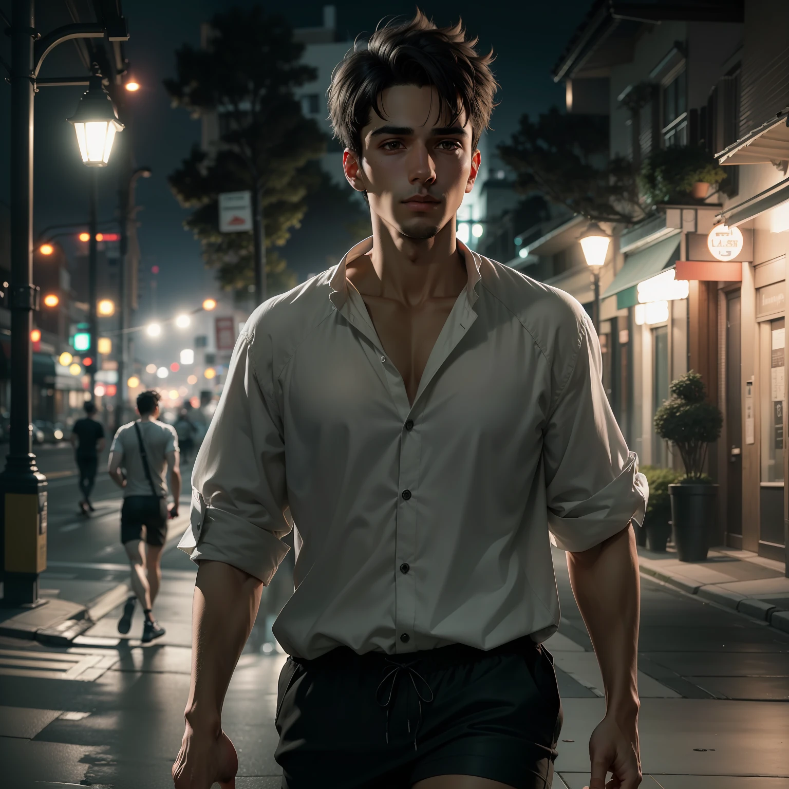 Ultra realistic image of a 25 year old man, short black hair, dressed in a simple white shirt and black shorts, walking on a sidewalk at night