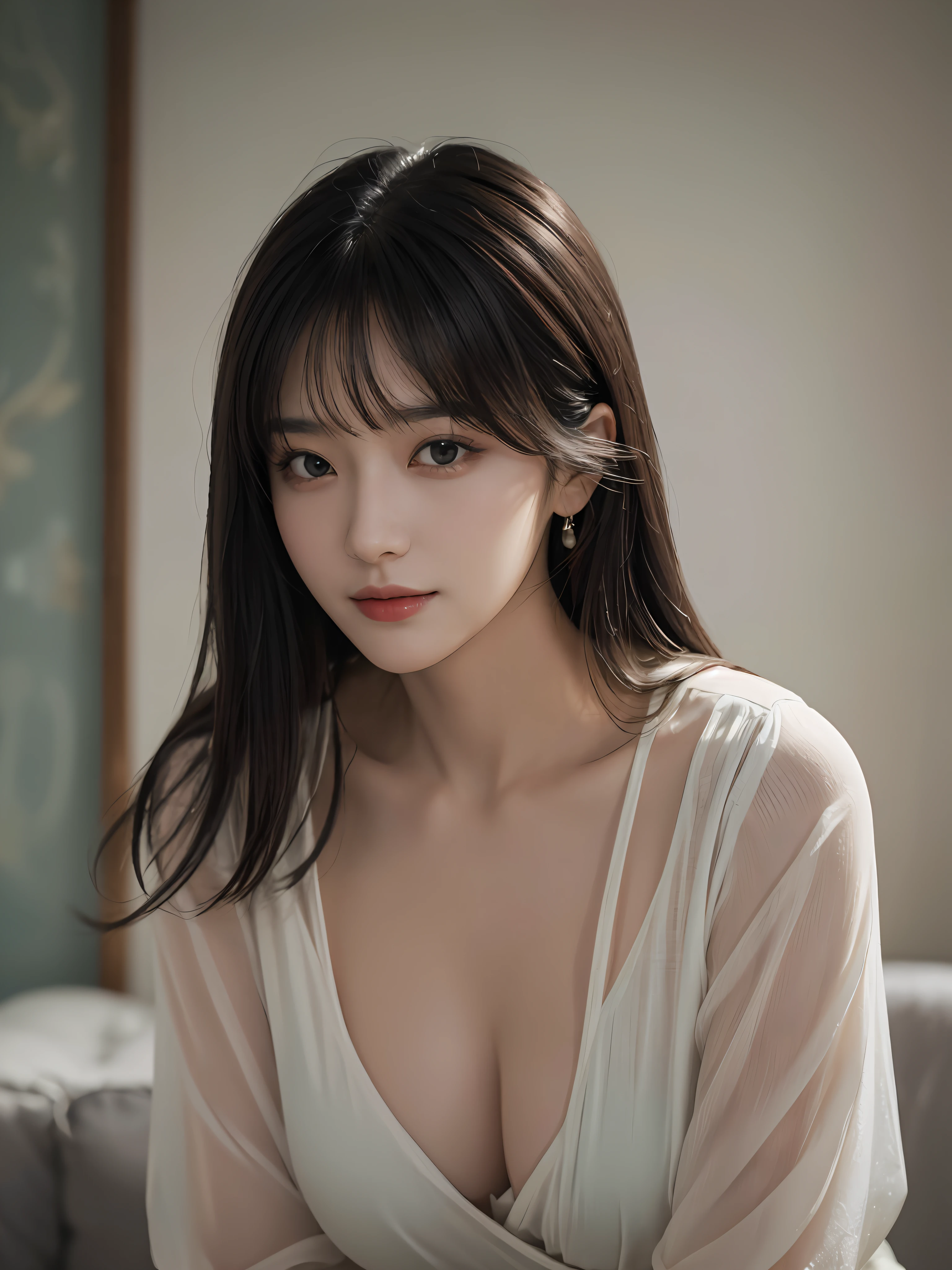 Masterpiece, best picture quality, high quality, beautiful woman, Japanese, popular Korean makeup, detailed, swollen eyes, detailed eyes, detailed skin, beautiful skin, ultra high resolution, (reality: 1.4),very beautiful, slightly younger face, beautiful skin, slender, (ultra realistic), (illustration), (high resolution), (8K), (very detailed) (best illustration), (beautifully detailed eyes), (super detailed), (wallpaper), (detailed face), looking at viewer, fine details, detailed face, pureerosfaceace_v1, smiling, looking straight ahead, looking straight ahead, angle from waist up, realistic photo, bright lighting, professional lighting, black hair (some of hair part green), long hair, dark ruins, big red moon, gorgeous red and black dress, mature woman, long stylish bangs,キスショット・アセロラオリオン・ハートアンダーブレード