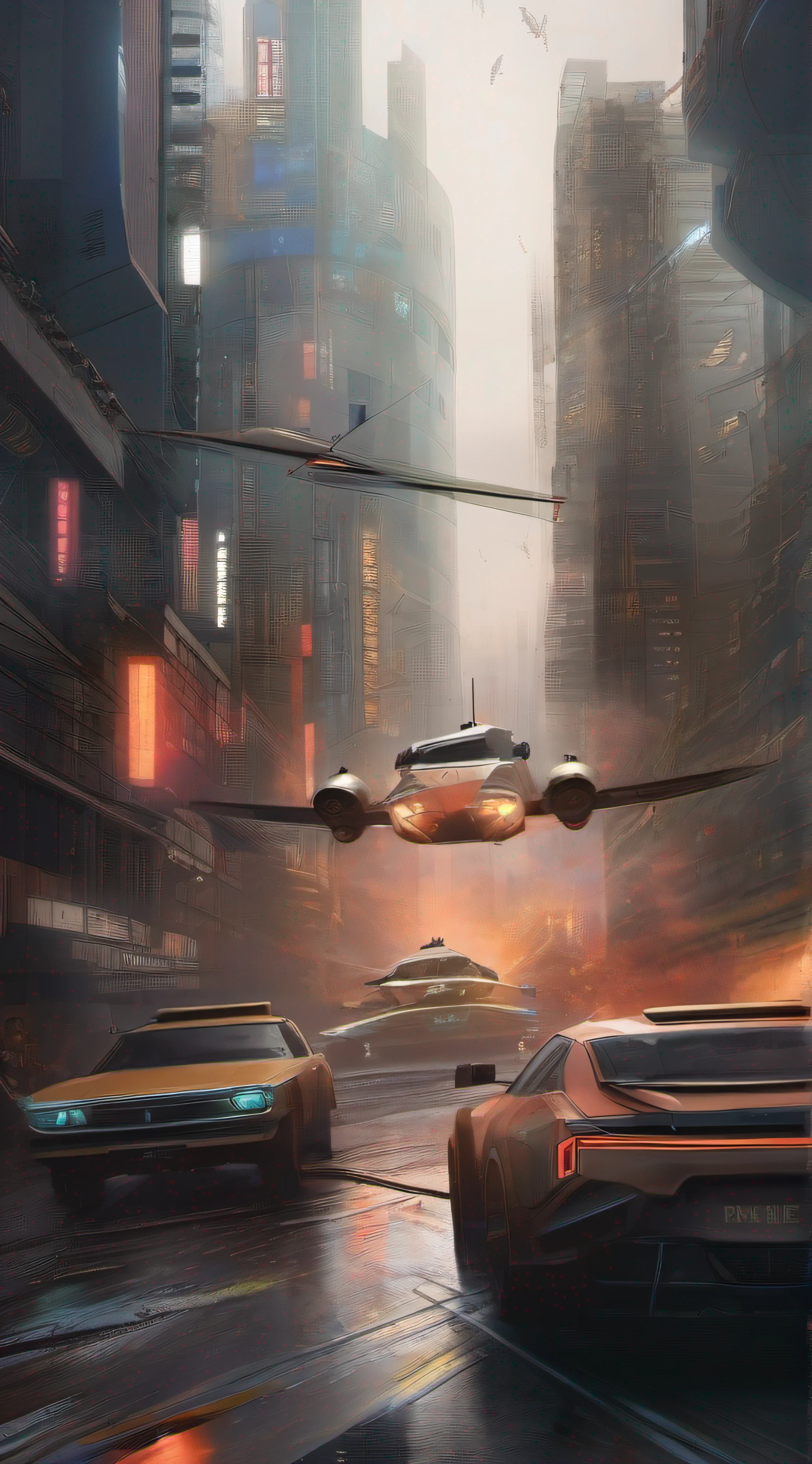 (tmasterpiece,high-level image quality)Crazy futuristic city,Nismo,In a raging city,Radial background blur,Bombing zone,Future mecha,droid,Big dogfight
