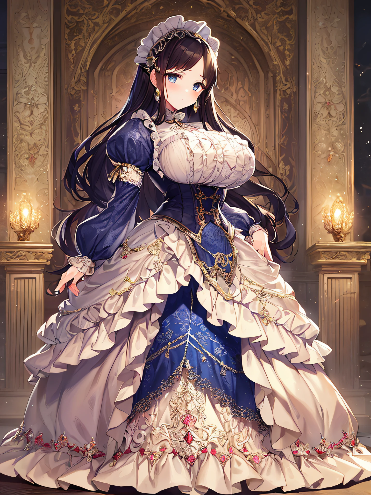 ((anime artstyle)),(Masterpiece),(Best Quality), (Super Detail),((Very Delicate and Beautiful)),((Solo)),((full body)),((1 princess in gorgeousfull victorian dress)),many ruffles,detailed face and eyes,jewel-like eyes,((voluminous Very Long Straight Hair)),((gorgeousfull embroidery and lace)),gorgeous corsage,See-through,gorgeousfull hair ornament,gorgeousfull glitter jeweled tiara,ornate ruffles,((gigantic breasts,Long breasts)),skindentation,((full body)),((hoop skirt,crinoline)),standing pose,Dynamic Angle,Looking at viewer,royal victorian palace,(((gorgeous embroidery gorgeousfull victorian dress)),full body