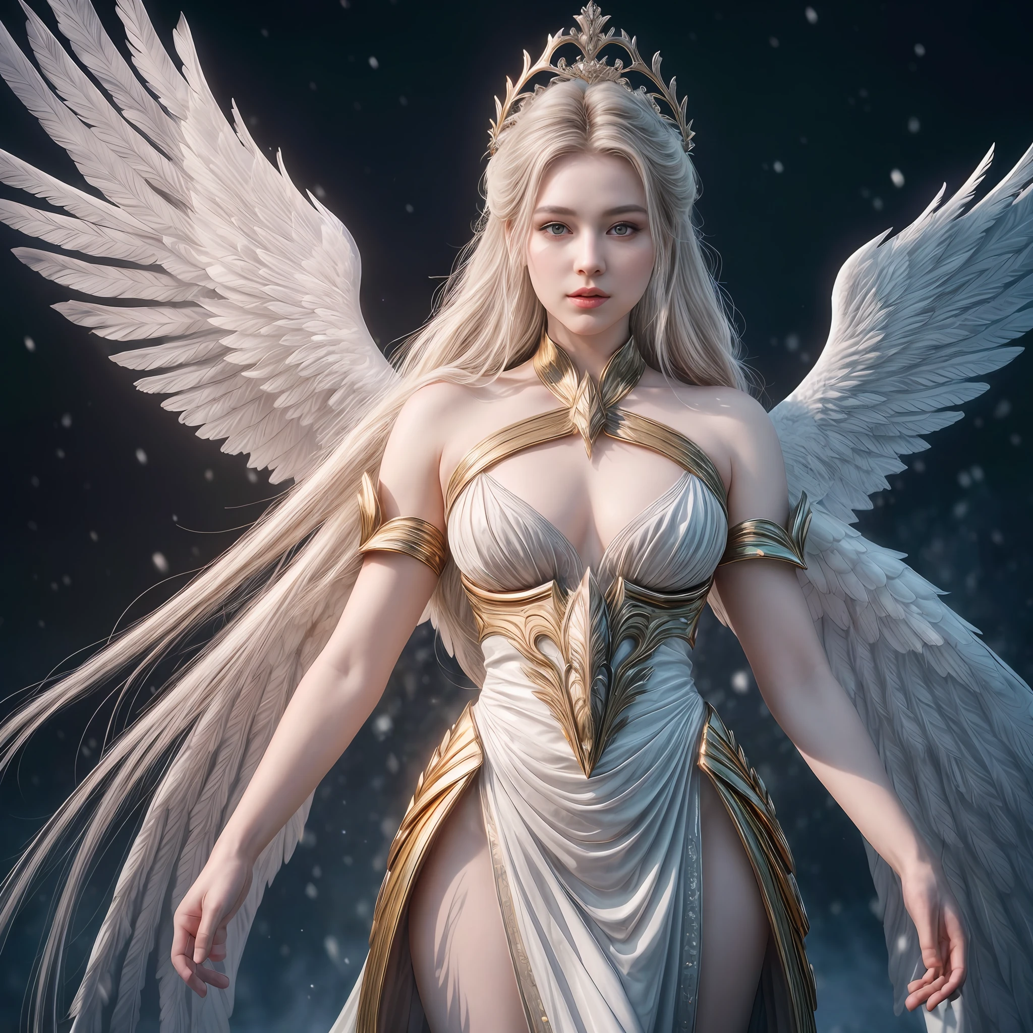 (masterpiece, best quality, photorealistic, highly detailed, octane render, unreal engine, 8k HD, hyper-detailed, realistic skin texture, best quality, ultra high res, raw photo, dramatic lighting, unreal engine, diffuse glow, dynamic pose), A female archangel with beautiful features would likely have striking, ethereal looks that would inspire awe and wonder in anyone who beheld her. She might have piercing blue or green eyes that seemed to glow with an inner light, framed by long lashes that brushed against her delicate cheekbones. Her skin might be porcelain pale, with a soft, rosy blush that highlighted her high cheekbones.

Her hair might be long and flowing, with strands of gold or silver that shimmered like starlight in the sun. It might be styled in intricate braids or loose waves that cascaded down her back, or perhaps pulled back into an elegant updo that showcased her graceful neck.

Her wings would be magnificent, with feathers as white as snow and shimmering with an otherworldly light. They might be large and imposing, giving her an aura of power and majesty, or perhaps delicate and intricate, reflecting her refined and elegant nature.

In short, a female archangel with beautiful features would be a vision of divine beauty, radiating grace, power, and wonder in all who beheld her