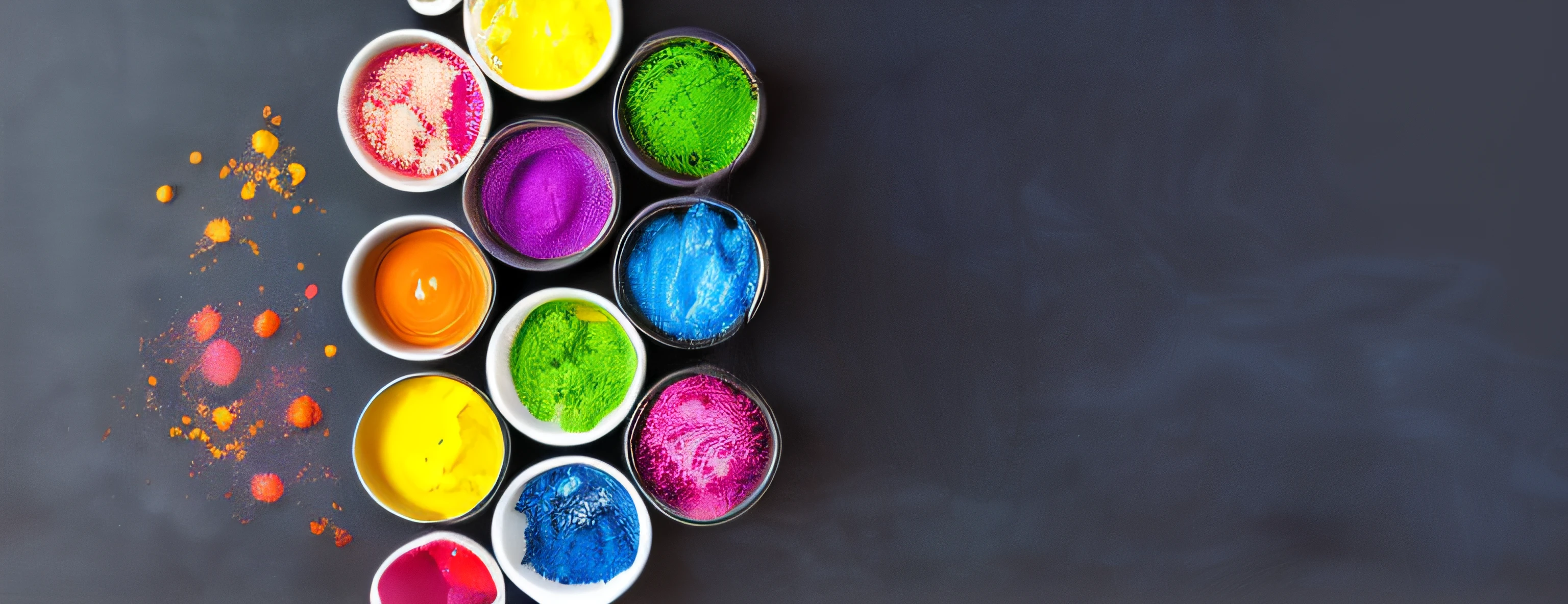 Bowls of colored powder are arranged on a black surface, vibrant powder paints, pigmentos de cor espalhados no ar, tinta colorida, tinta colorida, cores coloridas, mistura de tintas, Tintas, cores coloridas brilhantes, cores insaturadas, cores altamente saturadas, Acid-rich colors, cores saturadas, vibrant chromatic colors, cores de tinta fosca, ideias coloridas, Coloridos