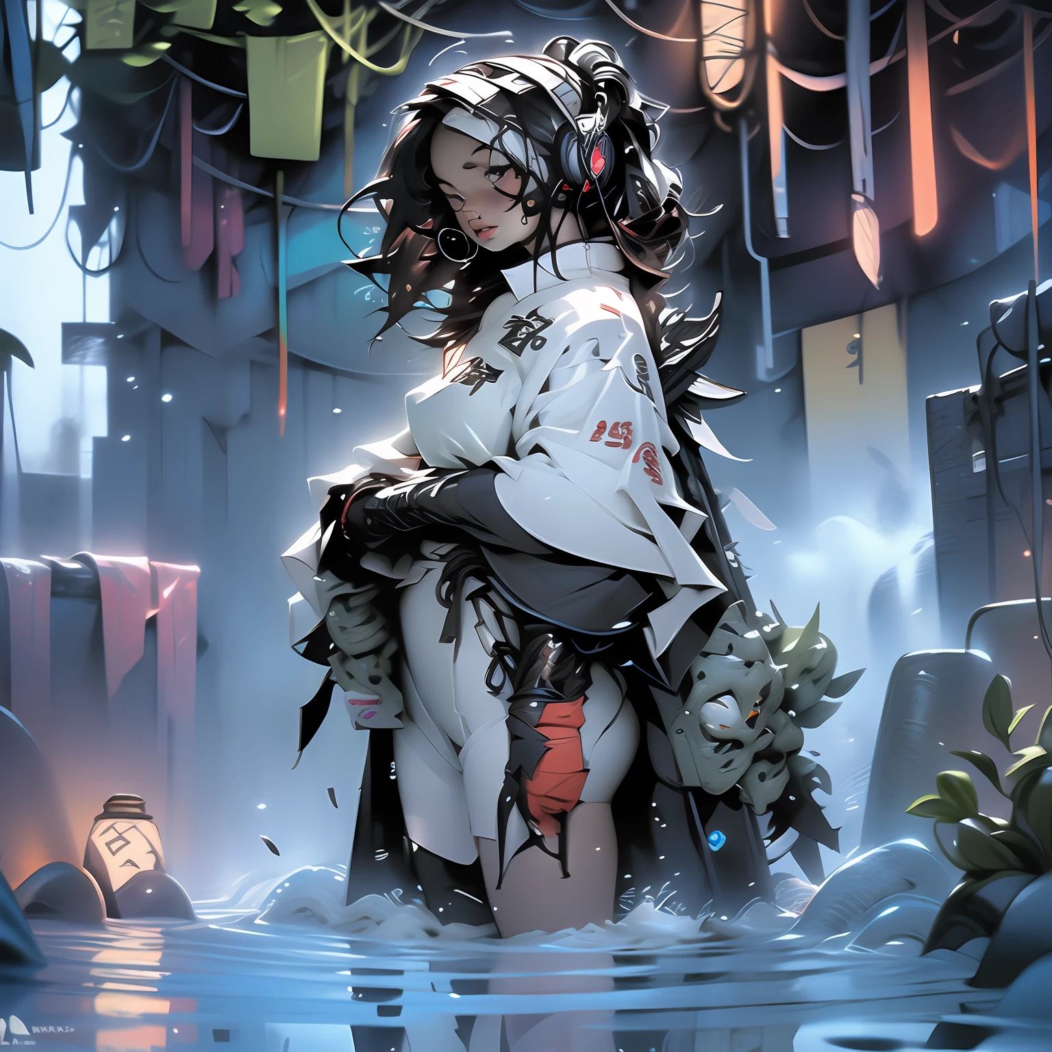 ((holy Angel)),Create an AI illustration of a young girl with black short hair, shiny hair, colored inner hair, floating hair, red eyes, (eyepatch), and headphones. She resembles a samurai, (She wears Japanese armor), She wears armor while pairing it with a miniskirt, showcasing her unique style. Please generate the illustration in the highest quality possible. oblique view view, facial profile, hyper detailed, intricate detailed, Wide shot of ruins, in a photorealistic 4DCG style.