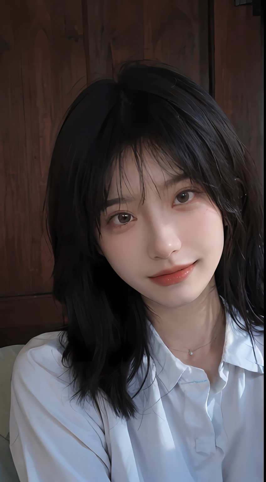 best qualtiy, 超高分辨率, (realisticlying:1.4), Baoyu Girl, Black long straight,A pair of clear and moving peach blossom eyes,Royal Sister,sunshine on face,with long coiled hair,((Cut hair in layers,Ordinary chest:1.2)),(Chinese nurse uniform:1.4),(choker necklace:1.2),(Fair skin:1.9),(full bodyesbian:1.2)a sense of atmosphere,a beauty girl, ssmile,head straight-looking at viewer, closeup cleavage ,(Photorealistic:1.4),Sexy,(The upper part of the body:1.4),(Wet body:1.3)