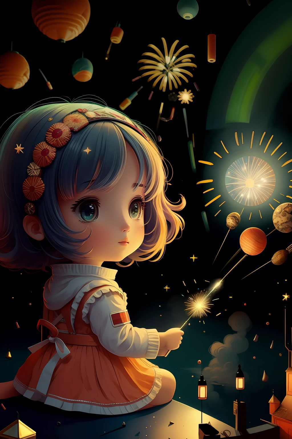 1girl,aerial fireworks, astronaut, aurora, milk way, festival,   chibi,  Fisheyes, masterpieces, top quality, best quality, official art, beautiful and aesthetic, animation, 8k raw,