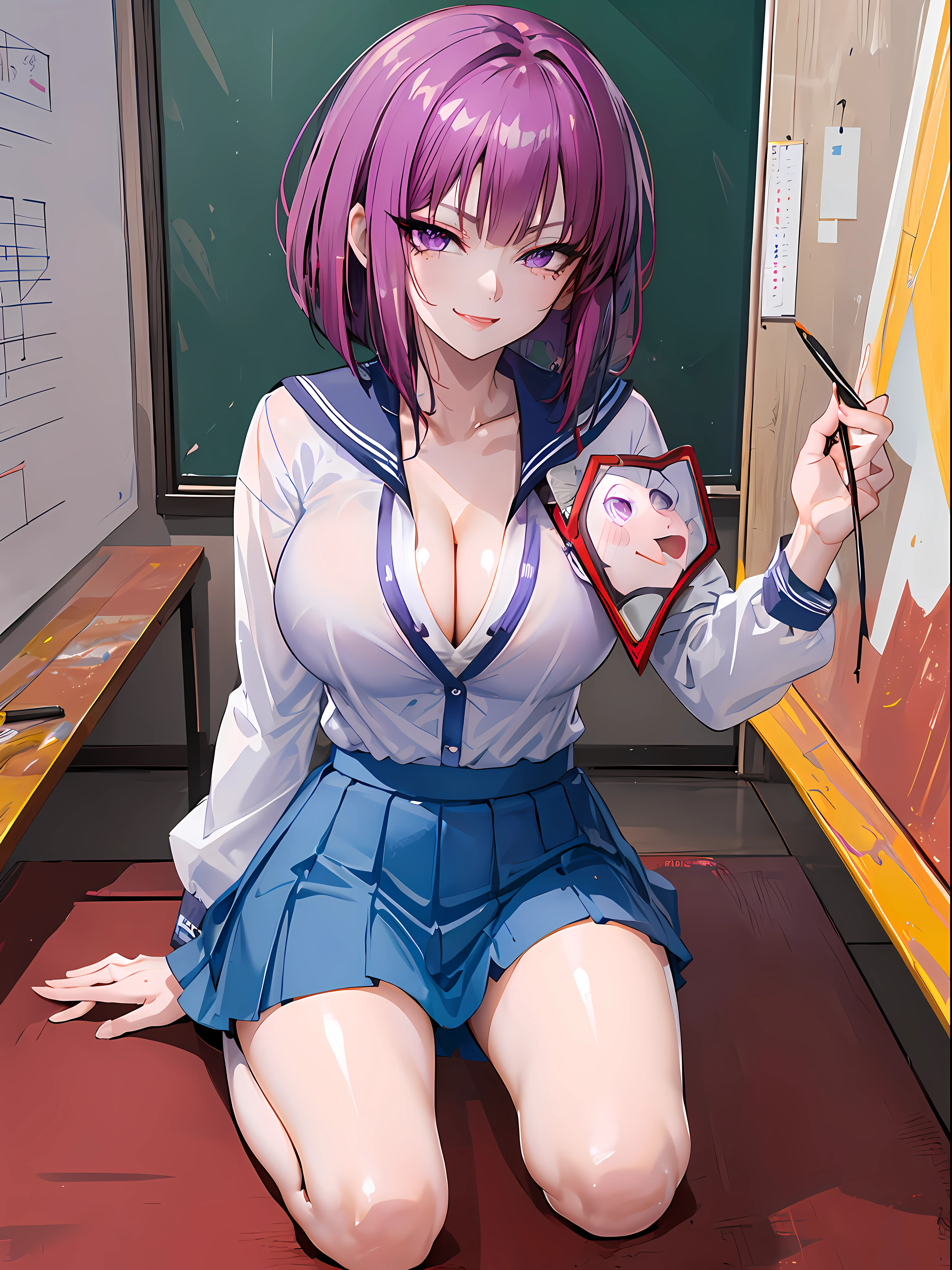purple eyes, (best quality, masterpiece painting:1.2), Oboro, mature female, full body shot, girl, school uniform, (happy, caring look:1.5), purple hair, short hair, stacked bob hair, large breasts, (narrow waist:1.1), cleavage, perfect body, (athletic body:1.1), soft skin, anime face, perfect face, (perfect eyes:1.1), purple irises, anime eyes, smoky eyeliner, eyeshadow, asian, looking at viewer, smart, whiteboard background, classroom, sharp focus, intricate details, professional artwork, (vibrant colors:1.1), vivid colors, Diffused lighting, digital blending, ultra detailed body, ultra detail hair, ultra detail face, trending on pixiv, top button opened,