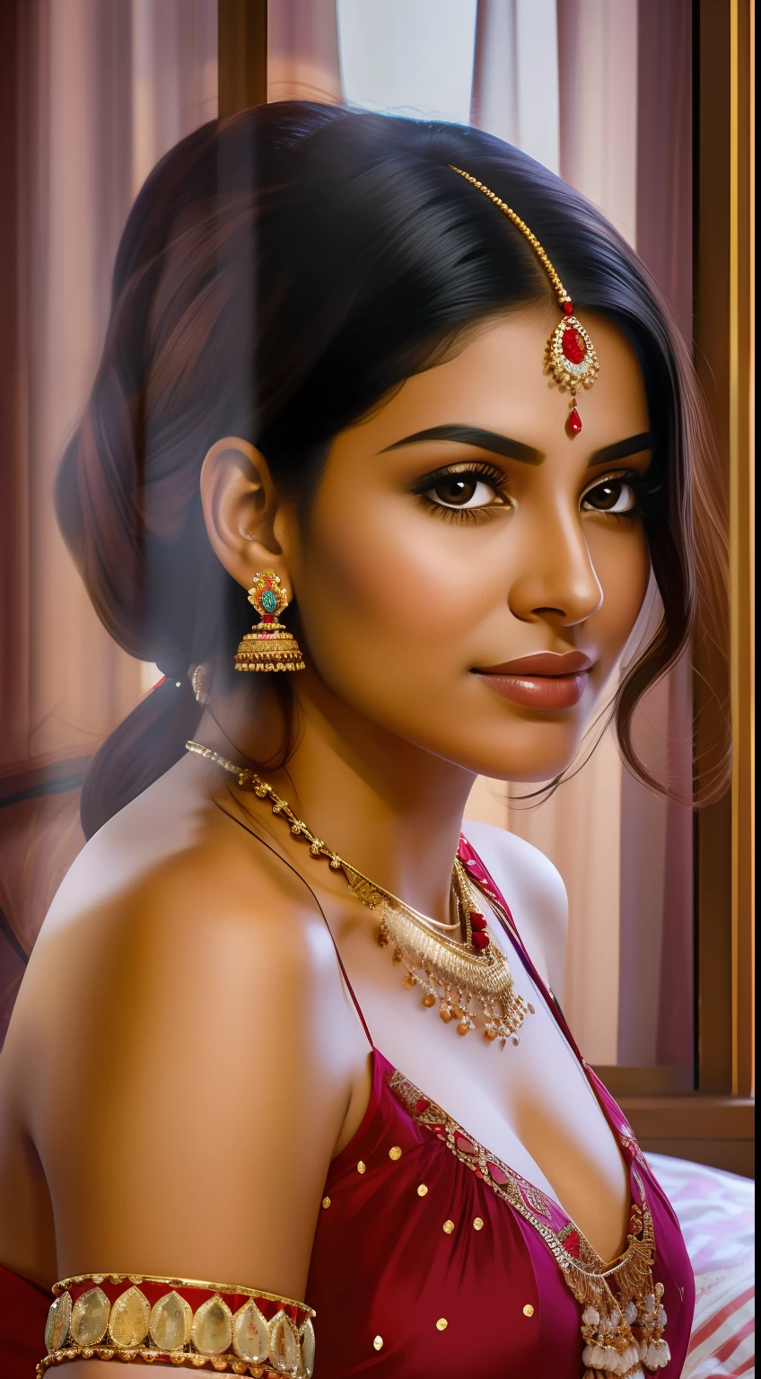 "Portrait of actress Indian princess in a cozy and intimate bedroom setting."