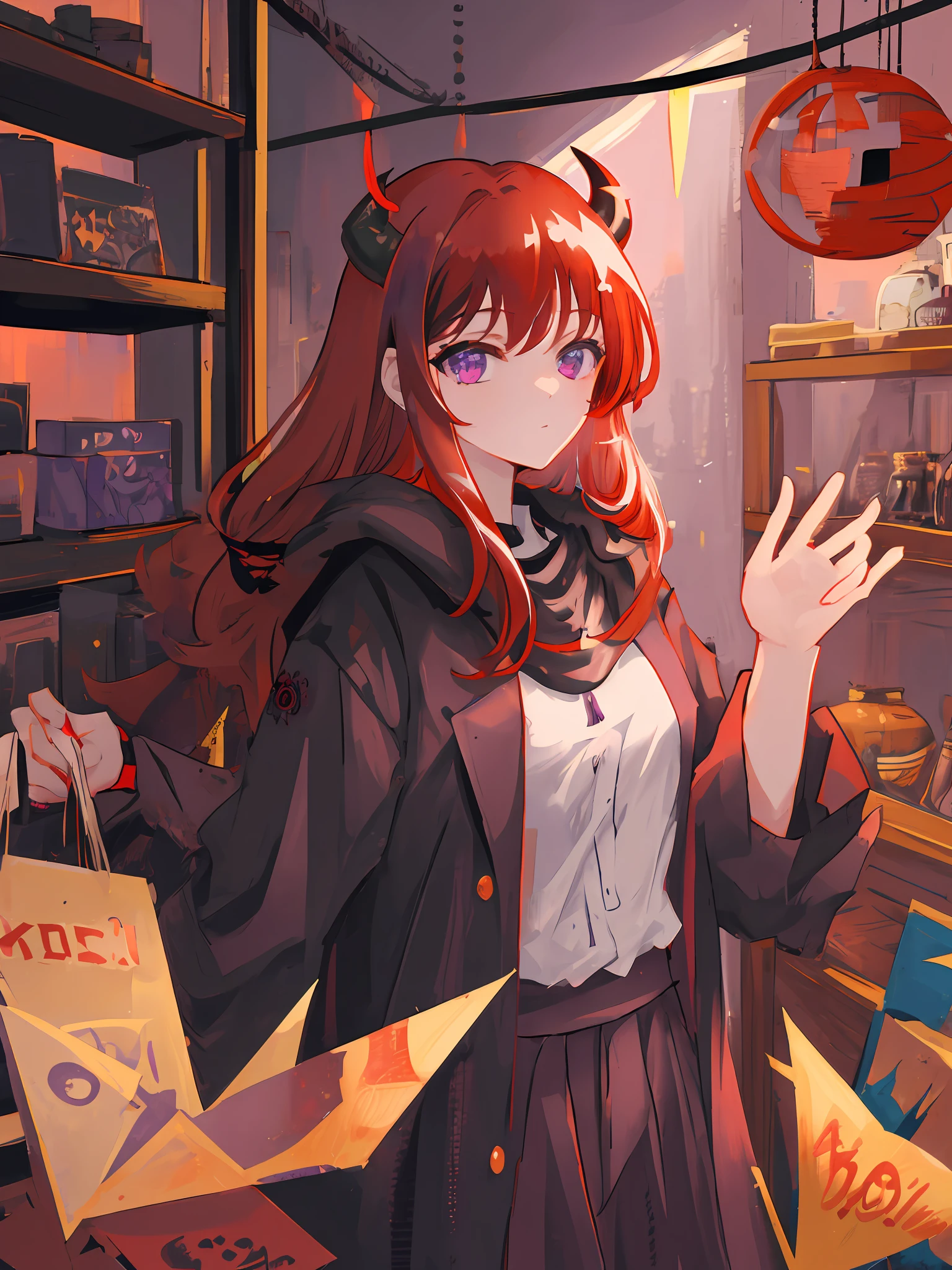 mksks style, masterpiece, detailed background, best quality, upper body, 1girl, looking at viewer, red hair, medium hair, purple eyes, demon horns, black coat, indoors, dimly lit, black wings