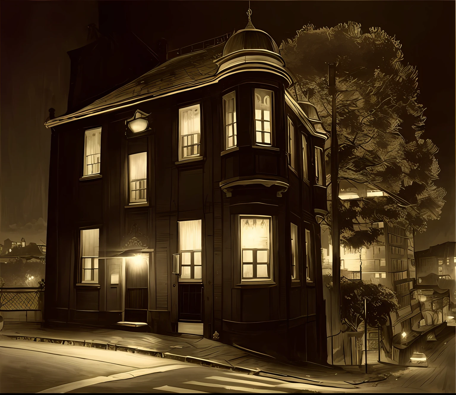 Estilo de desenho de Gustavedore, Realistic illustration in a Victorian London city at night, epic stark lighting, cinematic lighthing, alta resolução, (imagem detalhada:1), detalhes insanos, (altamente detalhado:1.2)