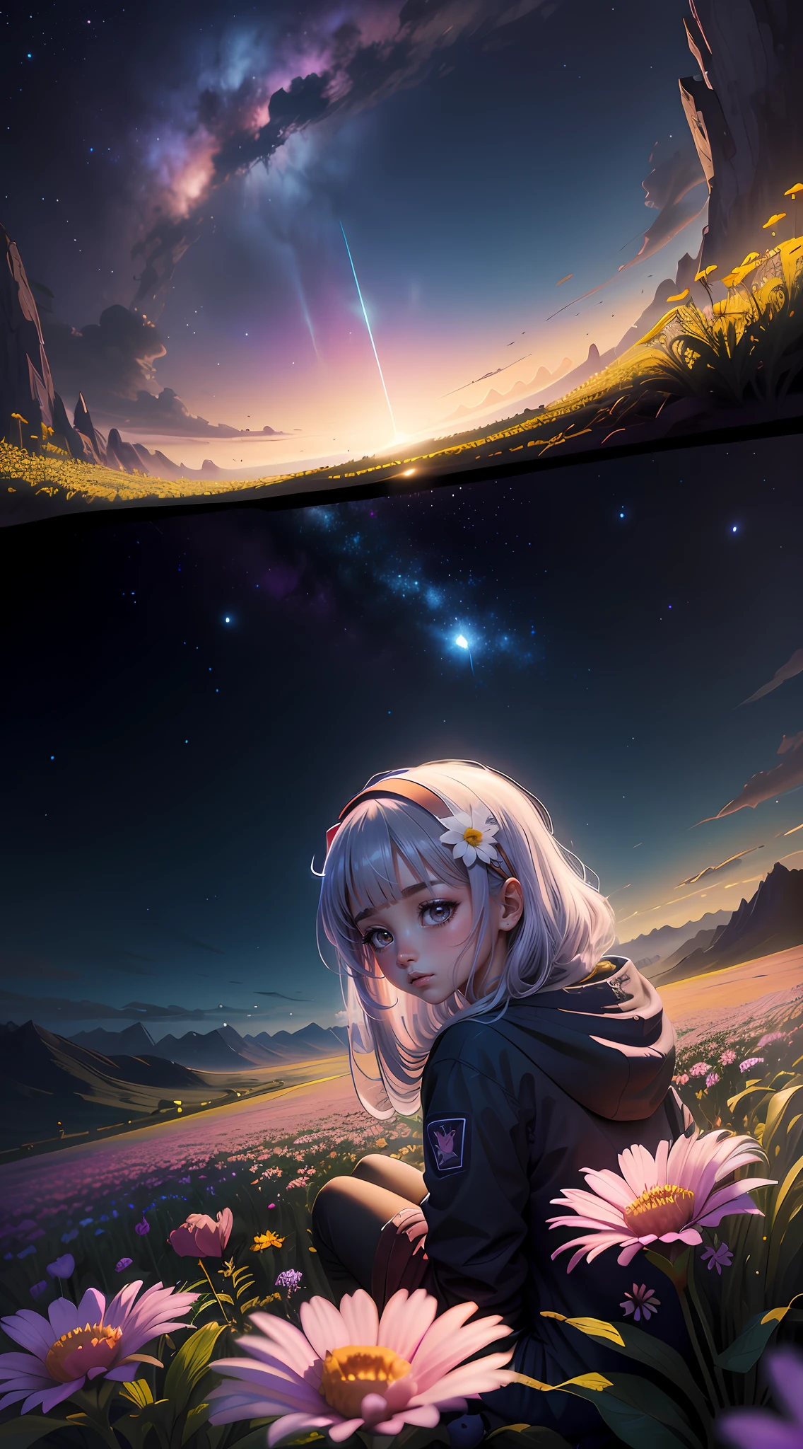 Uma menina em um campo de flores, vista de baixo para cima, cosmic view, galaxias, cometas, lua cheia, cena de anime, estilo anime,