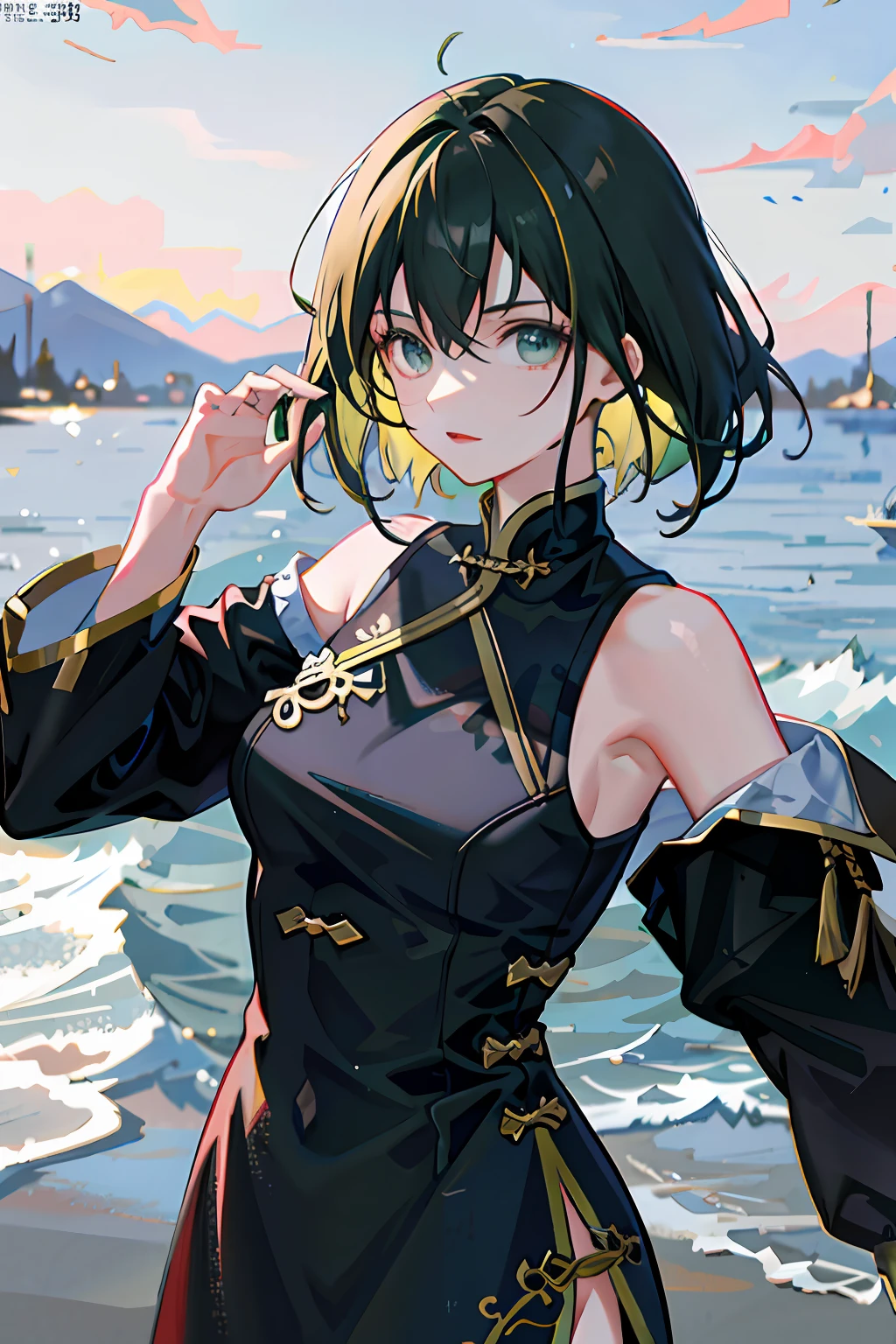 1girll，Sateen，exteriors，messy  hair，Trends on ArtStation，8K分辨率，The is very detailed，anatomically correcte，Sharp images，digitial painting，concept-art，Trends on pixiv，Estilo de Makoto Shinkai，Dark green hair，short detailed hair，Black eyes，Chinese outfit，eye glass