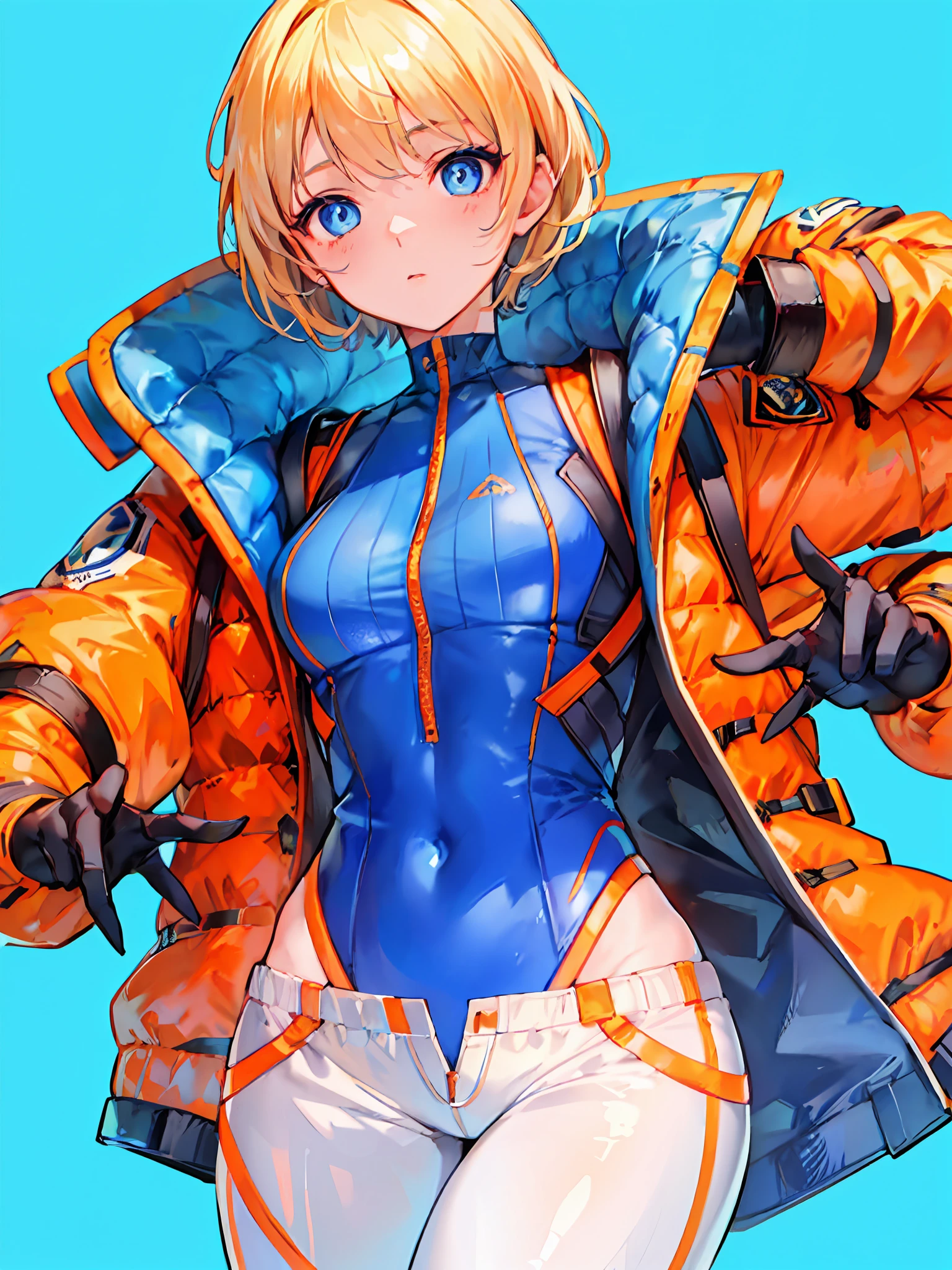 1girls, solo, wattson, masterpiece, highly detailed, blue eyes, detailed eyes, expressive detailed eyes, wide eyed, detailed pupils, blonde hair, short hair, orange jacket, jacket, blue shirt, blue top, blue skinsuit, white pants, blush, plain background