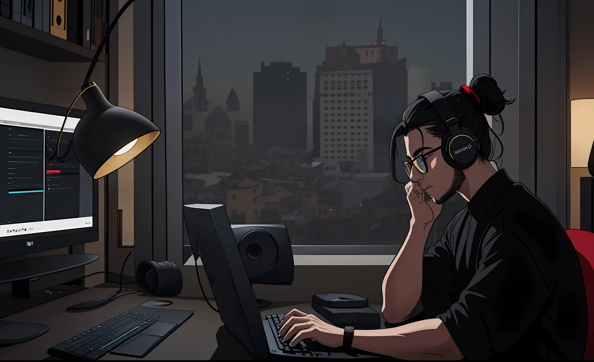 design,1 man ,wearing whiet t shit , long black hair , man bun blackhair, from side, typing,wearing gold glasses, chair, computer, headphones, indoors, keyboard_\(computer\), laptop, monitor, mouse_\(computer\), monitor, curtains, night, window, milan background