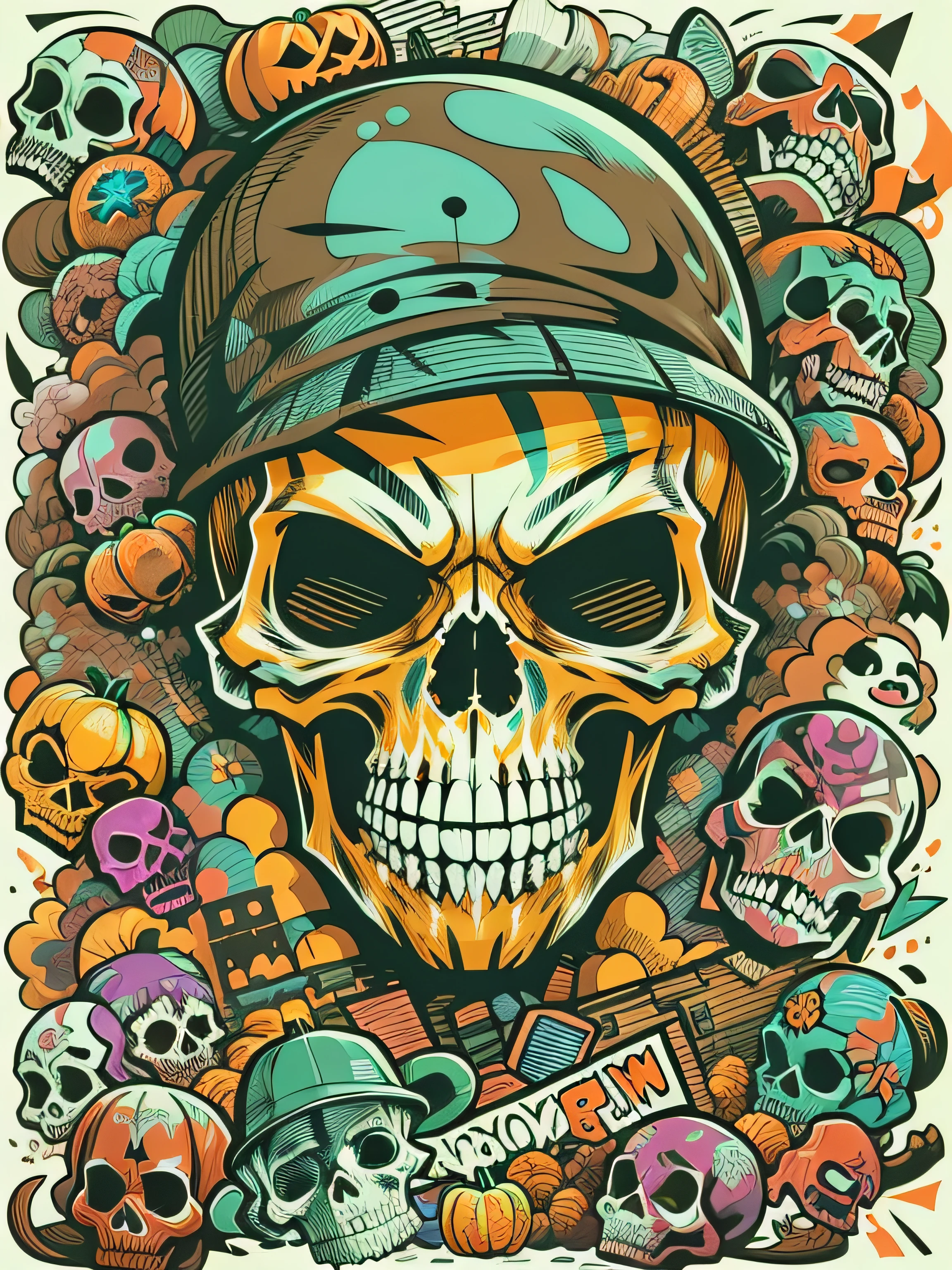 vector art, Colorful graffiti illustration funny skull for Halloween, Bright colors, Halloween, high detail, whitebackground