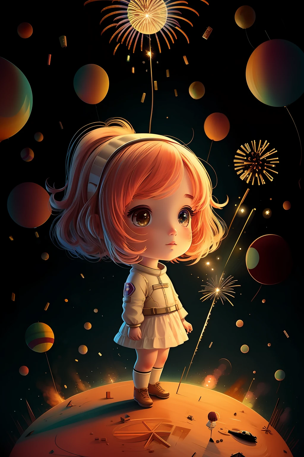 1girl,aerial fireworks, astronaut, aurora, milk way, festival,   chibi,  Fisheyes, masterpieces, top quality, best quality, official art, beautiful and aesthetic, animation, 8k raw,