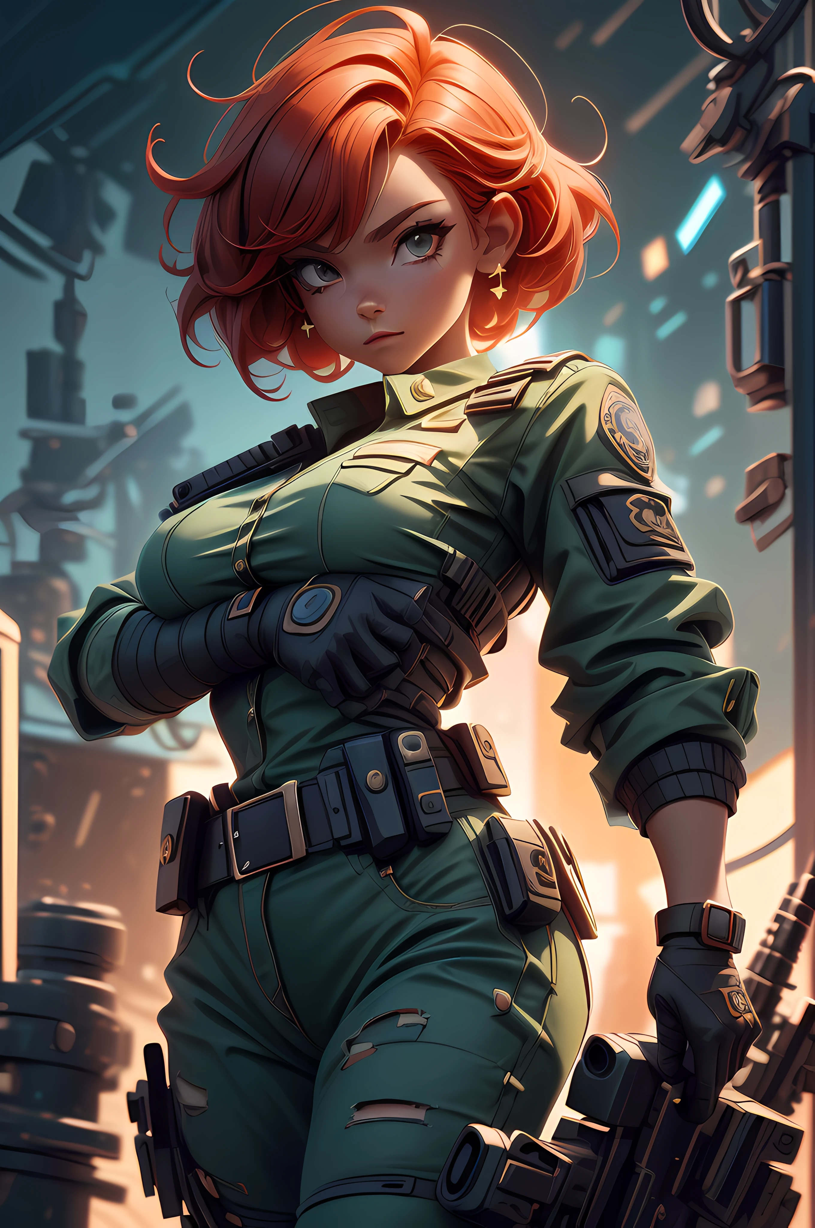 anime pose, portrait, police girl, police girl on jail, short sexy hair, lots of red hair, floating hair, wearing female police hot clothes, holding a pistol, dirty police office , roughs in background, focusing girl, high detailed body , high detailed skin, high detailed uniform, high detailed face, high detailed eye, color full, natural colors, sun shadow, perfect shadows, 8k, sun shadow, movie lightning, 8k, RAW photo, best quality, masterpiece, high detail RAW color photo, dramatic lighting, cinematic lighting, back light, professional lighting, detailed face, full body, girl focusing