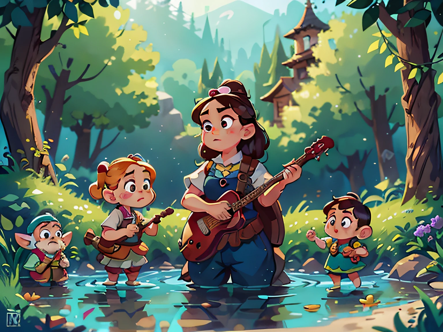 The dwarfs and the princess came to a clear river，Lele took out a small wooden flute and began to play，Perfect character qualities， （tmasterpiece：1.2） （realisticlying：1.2） （Bokeh） （best qualtiy） （detailedskin：1.3） （complexdetails） （8K） （detailedeyes） ,Disney  style，by Pixar，