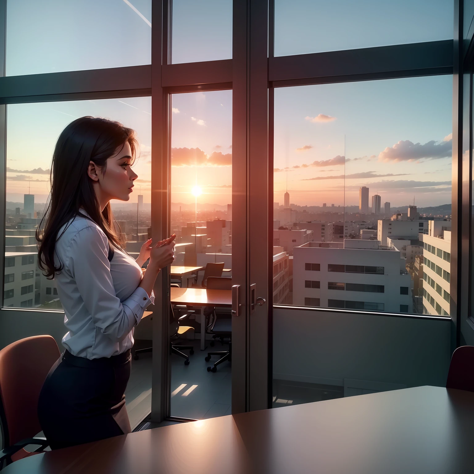 Imagine an office with a meeting table full of employees debating, ao entardecer, with a beautiful view in the large office window.
