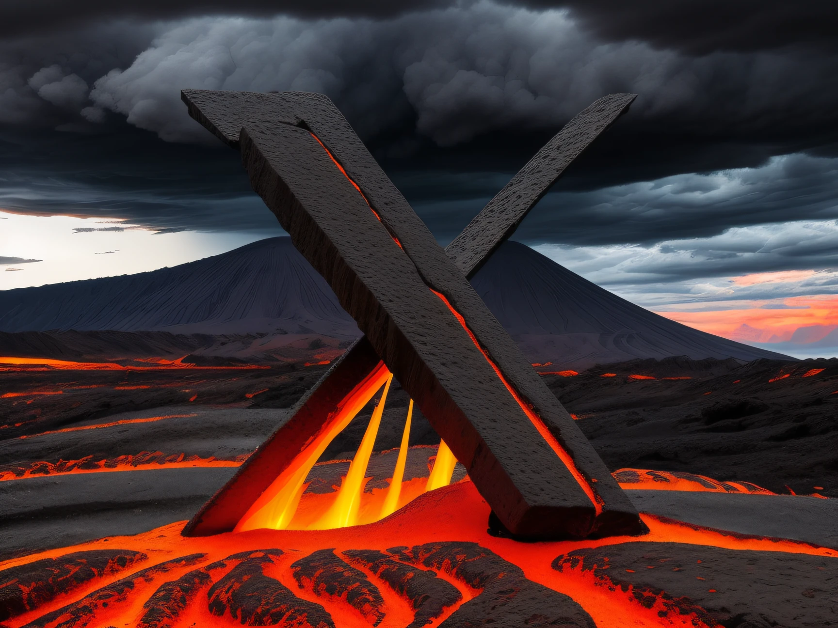 molten lava, volcanic surface, many cracks, extreme conditions, dangerous landscape, stormy skies, engraved on the volcanic mountain range, shot from far away, hyperdetailed, intricate, eye-catching composition, award-winning photography