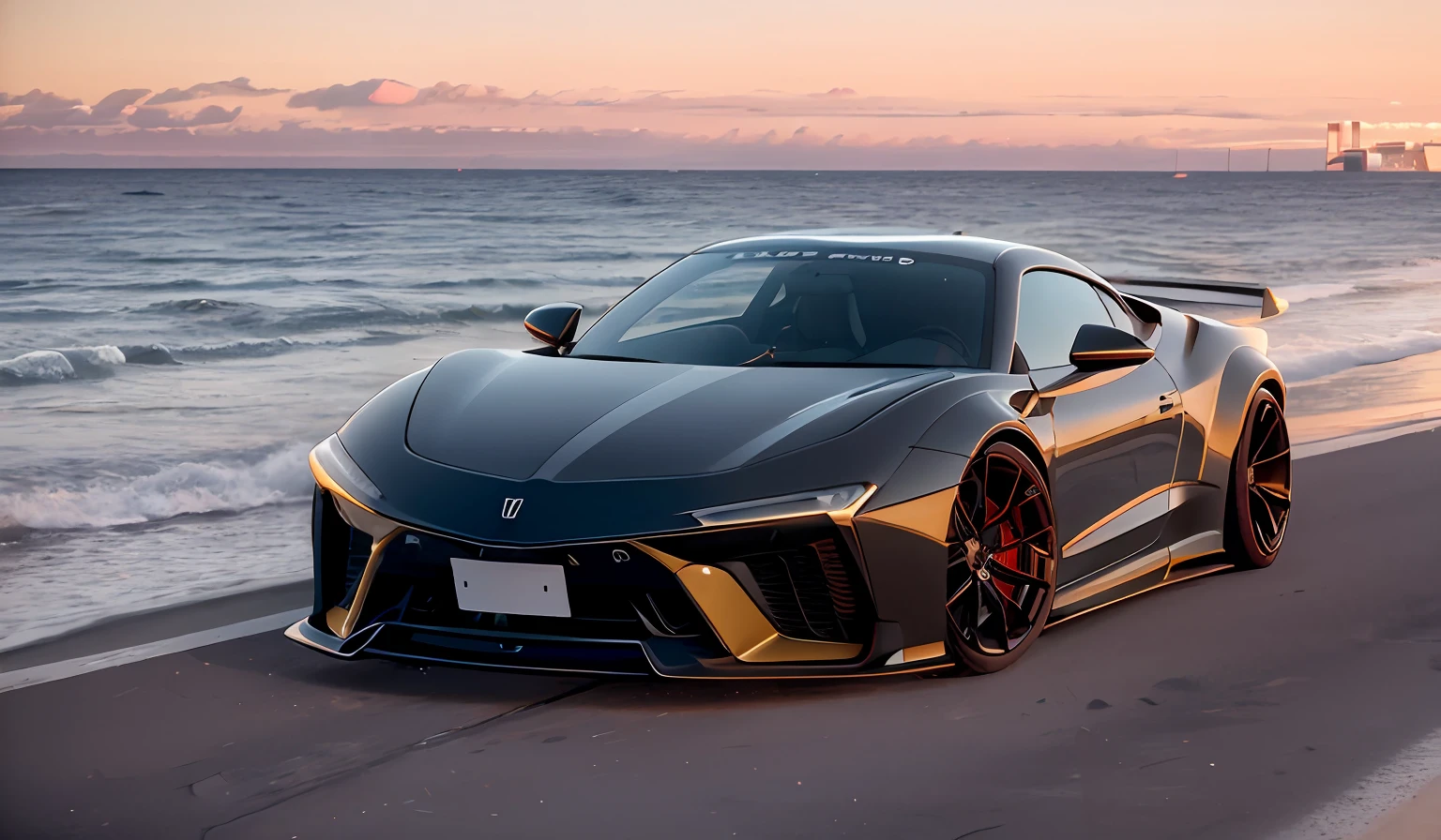 "Um carro esportivo de design futurista, with smooth curves and streamlined lines, is parked on a coastal road surrounded by picturesque scenery. The car is a high-tech show, with bright metallic details and LED headlights that perfectly reflect the light of the sunset. The body is painted in a captivating color that seems to change tone as the light changes.
The sunset is magnificent, painting the sky in a vibrant color palette. Os tons alaranjados, pinks and violets of the sky blend gently with the golden clouds, Creating a dazzling spectacle. The sun is slowly setting on the horizon, casting a soft, warm light on the scene, criando reflexos brilhantes no mar calmo.
The sea stretches as far as the eye can see, com suaves ondas batendo suavemente na costa. The reflection of the sunset on the water gives a sense of tranquility and serenity to the environment.
This image is a true 16K work of art, capturando todos os detalhes do carro esportivo, the scenery and rich color palette of the sunset, providing a high-quality, immersive visual experience."
