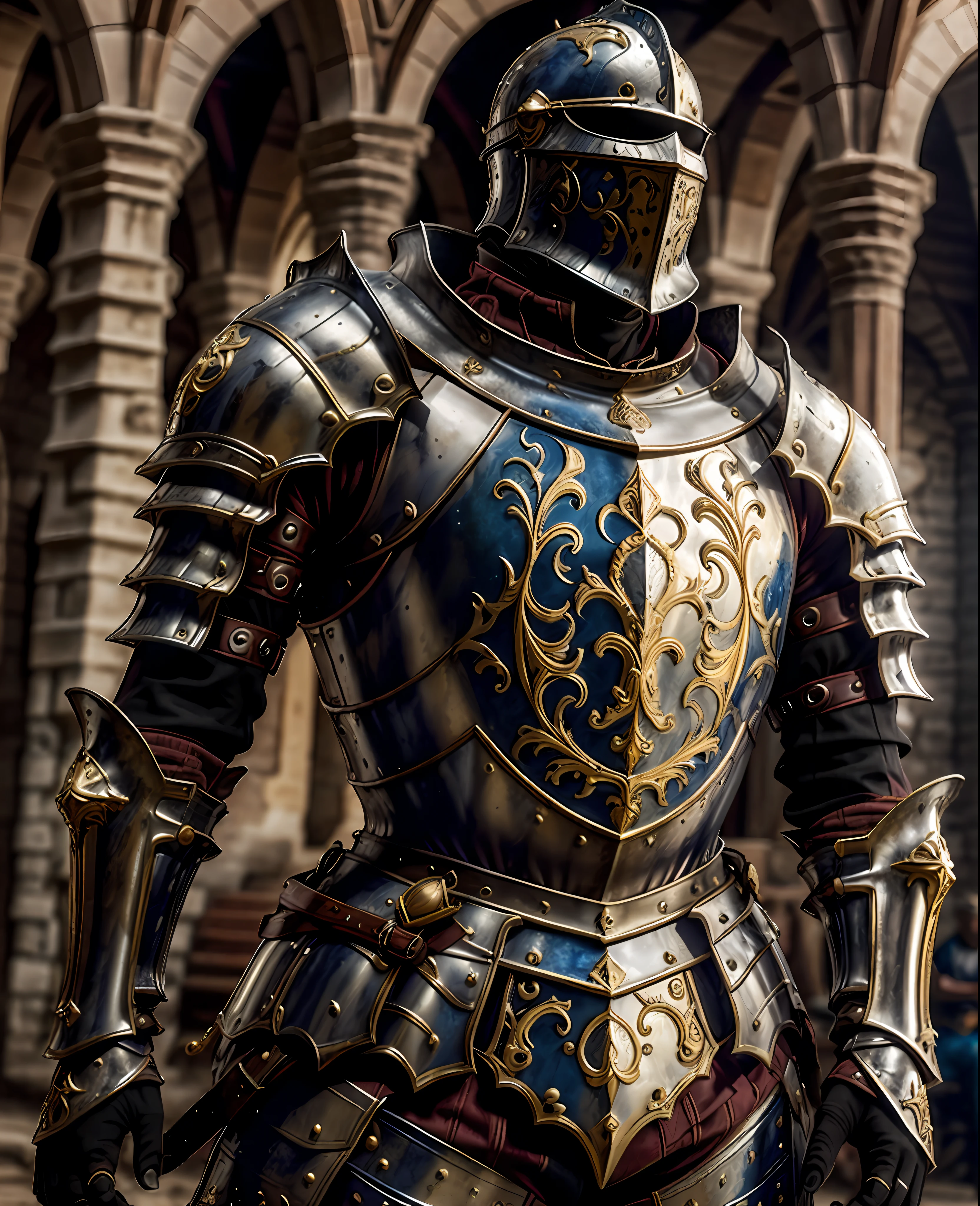 Obra-prima, melhor qualidade, barroco, realista, Medieval Templar armor of the Crusades, parte superior do corpo, olhando para o espectador