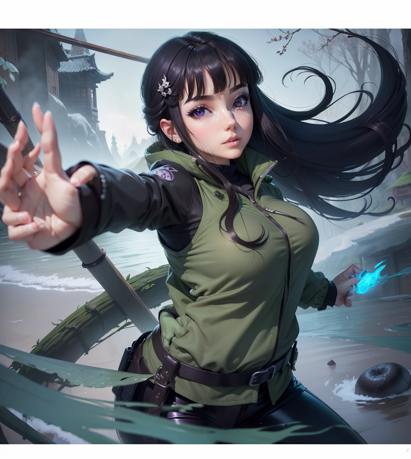 masterpiece, best quality, high resolution, fine detail, amazing and beautiful detail, different_images, 1 girl, moss green jacket black long sleeves, from below, black hair, white-purple eyes, ( big boobs),( big boobs) , (big boobs) , (lower chest), outer space, plants, black pants, symbol of konoha village, purplish-white eyes,