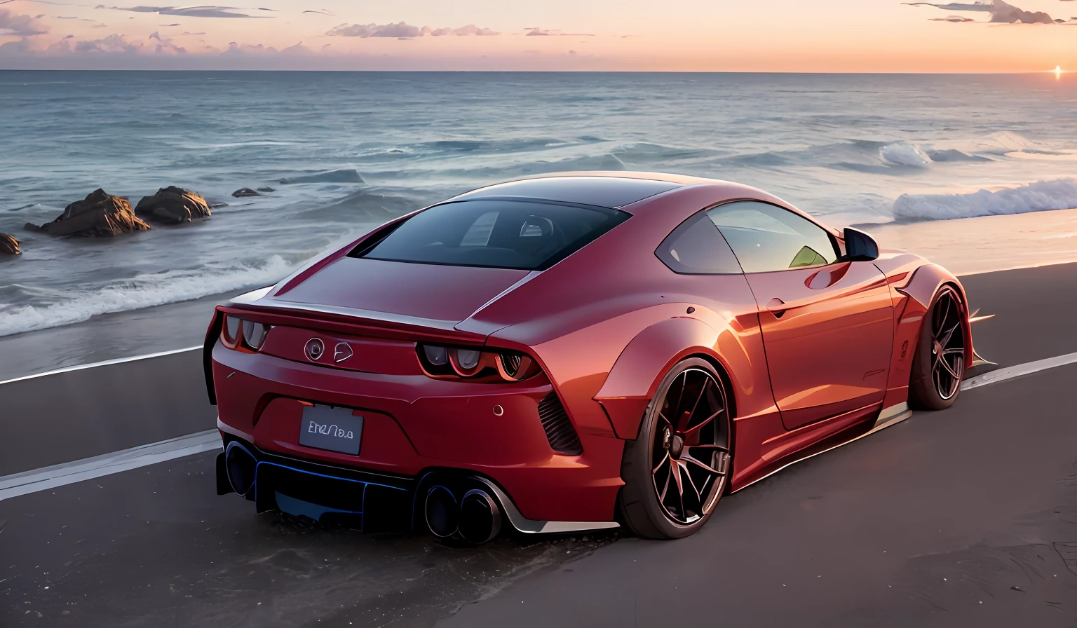 "Um carro esportivo de design futurista, with smooth curves and streamlined lines, is parked on a coastal road surrounded by picturesque scenery. The car is a high-tech show, with bright metallic details and LED headlights that perfectly reflect the light of the sunset. The body is painted in a captivating color that seems to change tone as the light changes.
The sunset is magnificent, painting the sky in a vibrant color palette. Os tons alaranjados, pinks and violets of the sky blend gently with the golden clouds, Creating a dazzling spectacle. The sun is slowly setting on the horizon, casting a soft, warm light on the scene, criando reflexos brilhantes no mar calmo.
The sea stretches as far as the eye can see, com suaves ondas batendo suavemente na costa. The reflection of the sunset on the water gives a sense of tranquility and serenity to the environment.
This image is a true 16K work of art, capturando todos os detalhes do carro esportivo, the scenery and rich color palette of the sunset, providing a high-quality, immersive visual experience."