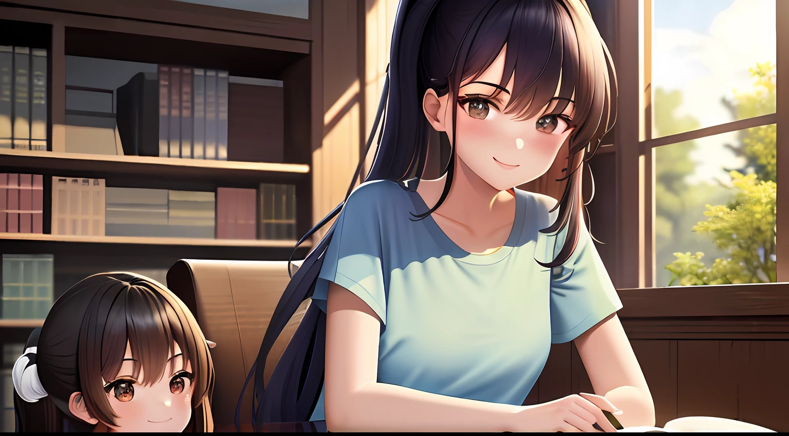 ((masterpiece)), top-quality, hight resolution, 1 Women, Loose T-shirt、Girl sitting on a chair in the library and studying、Charming atmosphere、18year old、Scenery of the entire area、poneyTail、Spoiled face、A smile