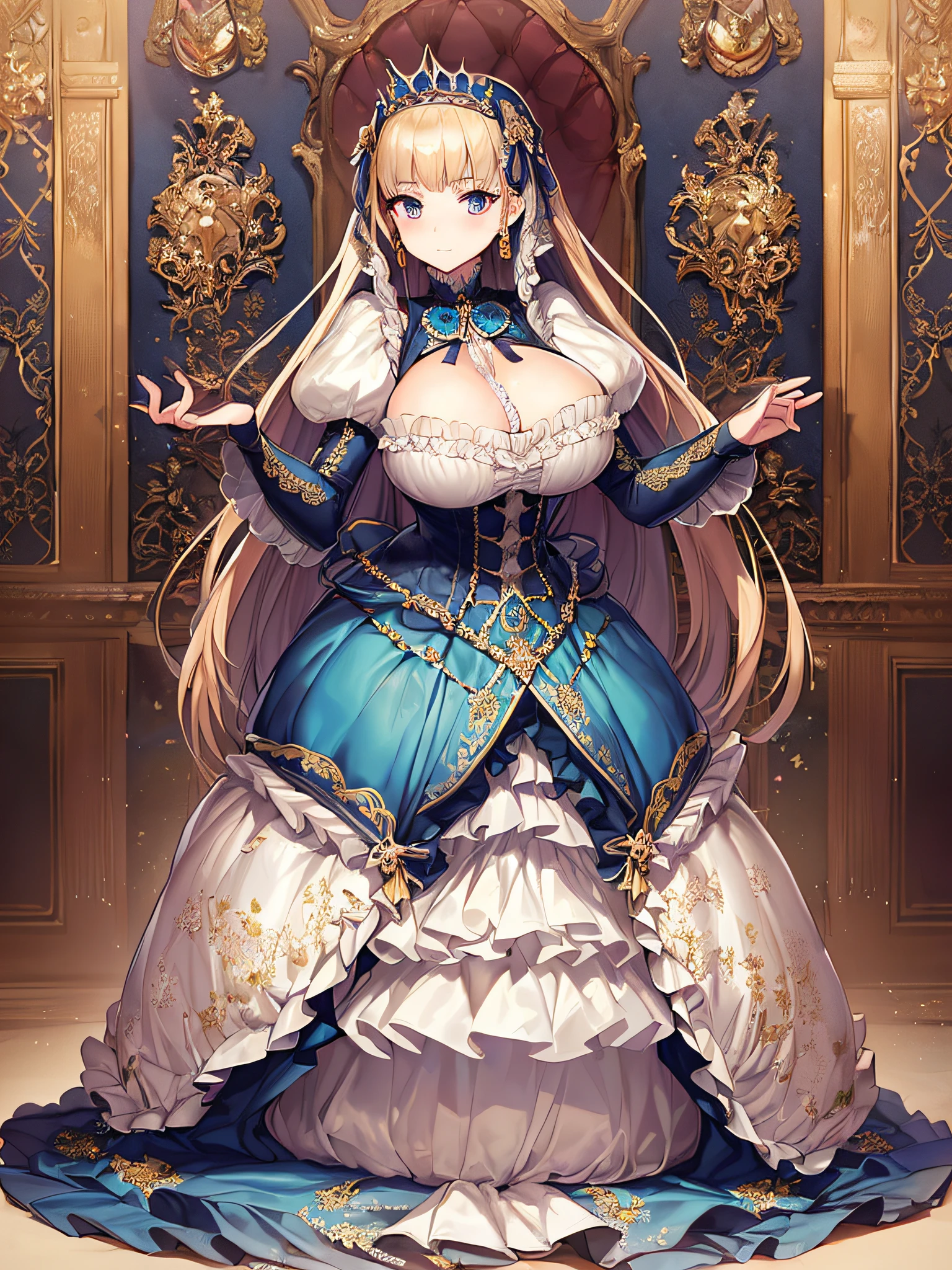 ((anime artstyle)),(Masterpiece),(Best Quality), (Super Detail),((Very Delicate and Beautiful)),((Solo)),((full body)),((1 princess in gorgeousfull victorian dress)),many ruffles,detailed face and eyes,jewel-like eyes,((voluminous Very Long Straight Hair)),((gorgeousfull embroidery and lace)),gorgeous corsage,See-through,gorgeousfull hair ornament,gorgeousfull glitter jeweled tiara,ornate ruffles,((gigantic breasts,Long breasts)),skindentation,((full body)),((hoop skirt,crinoline)),standing pose,Dynamic Angle,Looking at viewer,royal victorian palace,(((gorgeous embroidery gorgeousfull victorian dress)),full body