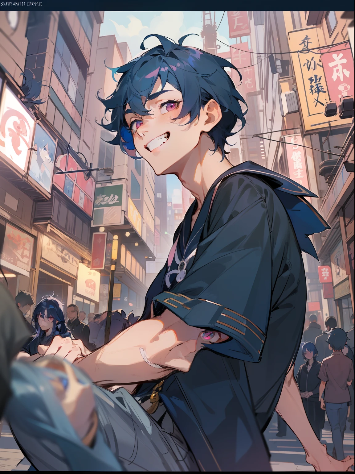 Ultra Detail,Haig Quality,sketch,1boy,matured male,Beautiful face,(Navy blue hair,Outer hair:1.3),Handsome men,Pearl skin,black tshirt,Moss Green Mod Court,Dynamic Angle,Japan Anime,Pink eyes,Laugh,Like a cat's eye,city,male in his 20s,