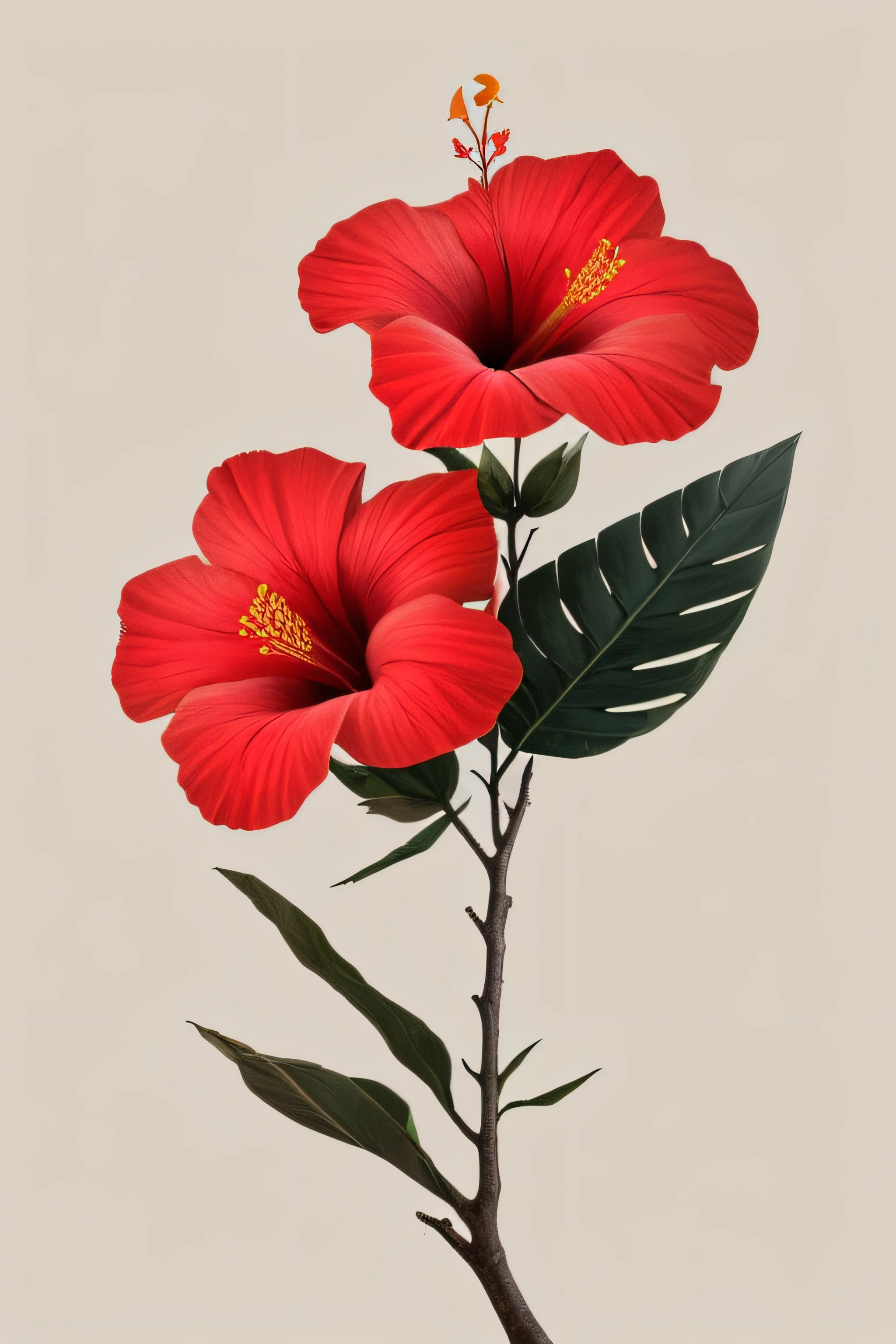 hibiscus flower blooming on a gnarled branch against a grey background, simple background, in the style of light orange and light beige, minimalist images, photography installations, paleocore, green and crimson, hyper-realistic, poetic intimacy