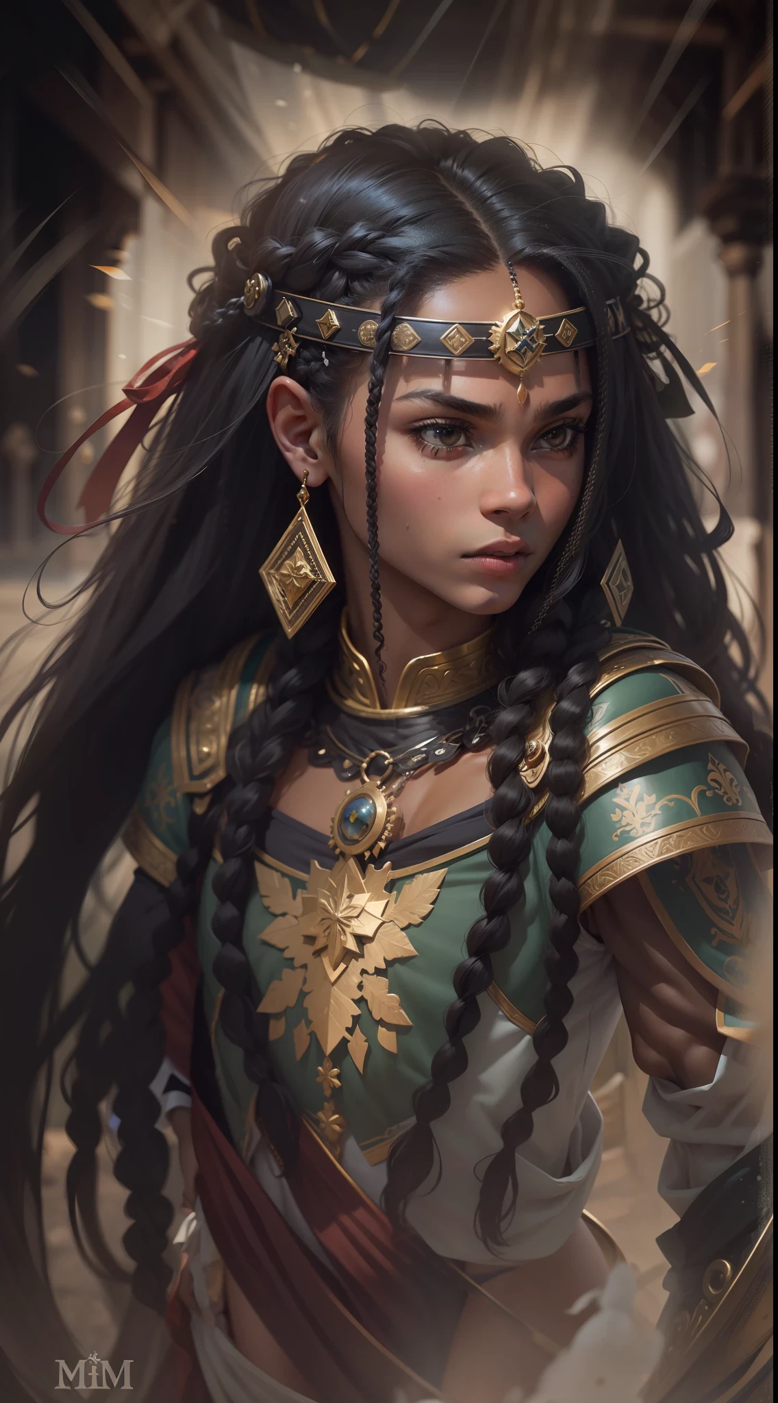 Uma jovem menina de 16 anos guerreira com longos cabelos pretos sentada em um mosteiro: Em um mosteiro sereno aninhado em meio a montanhas imponentes, There's a young warrior with fluttering ebony braids that fall like a river of darkness down her back. His delicate features are adorned with a determined expression, mas suave, reminiscent of the inner strength that resides within him. Disguised in the tranquility of his surroundings