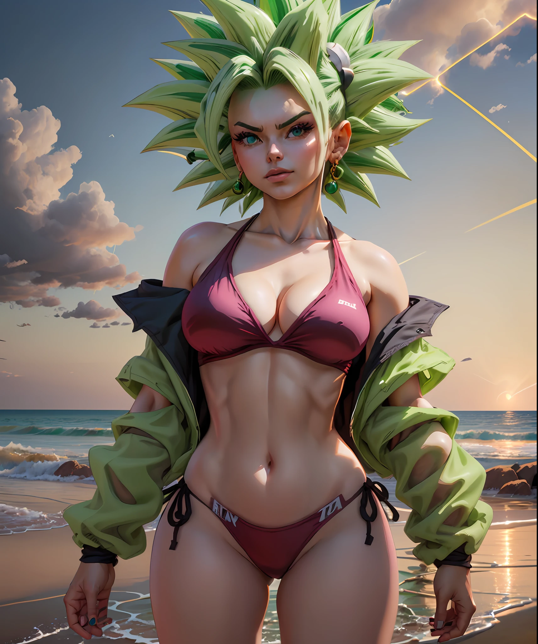 (obra-prima, Beach scene at sunset:1.3), (Kefla de Dragon Ball Super :1.2), (standing at its height of 140 centimeters with a well distributed 65 kg:1.2), (Beautifully proportioned body with large breasts and medium buttocks, firmes e redondas:1.2), (slender physique:1.1), (passeando pela praia no momento da captura:1.2), (Facing the camera squarely, mas virando-se com uma breve risada no canto da boca:1.2), (fotografia tirada de suas costas:1.5), (wearing an extremely small bikini both on top and bottom:1.5), (Capturing the enchanting lighting of the sunset:1.1), (enhancing the beauty of your green colored hair:1.3) Detalhes insanos e hiperdetalhados, Lindamente colorido, Motor irreal, DOF, Super-Resolution, Megapixel, cinematographic lightning, antialiasing, FKAA, TXAA, RTX, SSAO, Post-processing, post - production, Mapeamento de Tons, ..cgi, VFX, SFX, Insanamente detalhado e intrincado, Hiper maximalista, Hiper realista, volumático, fotorrealista, ultra fotorreal | |, ultra-detalhado, detalhes intrincados, 8k, super detalhado, Colouring, Volumetric lightning, HDR, realista, Motor irreal, 16k, foco nítido. octan render