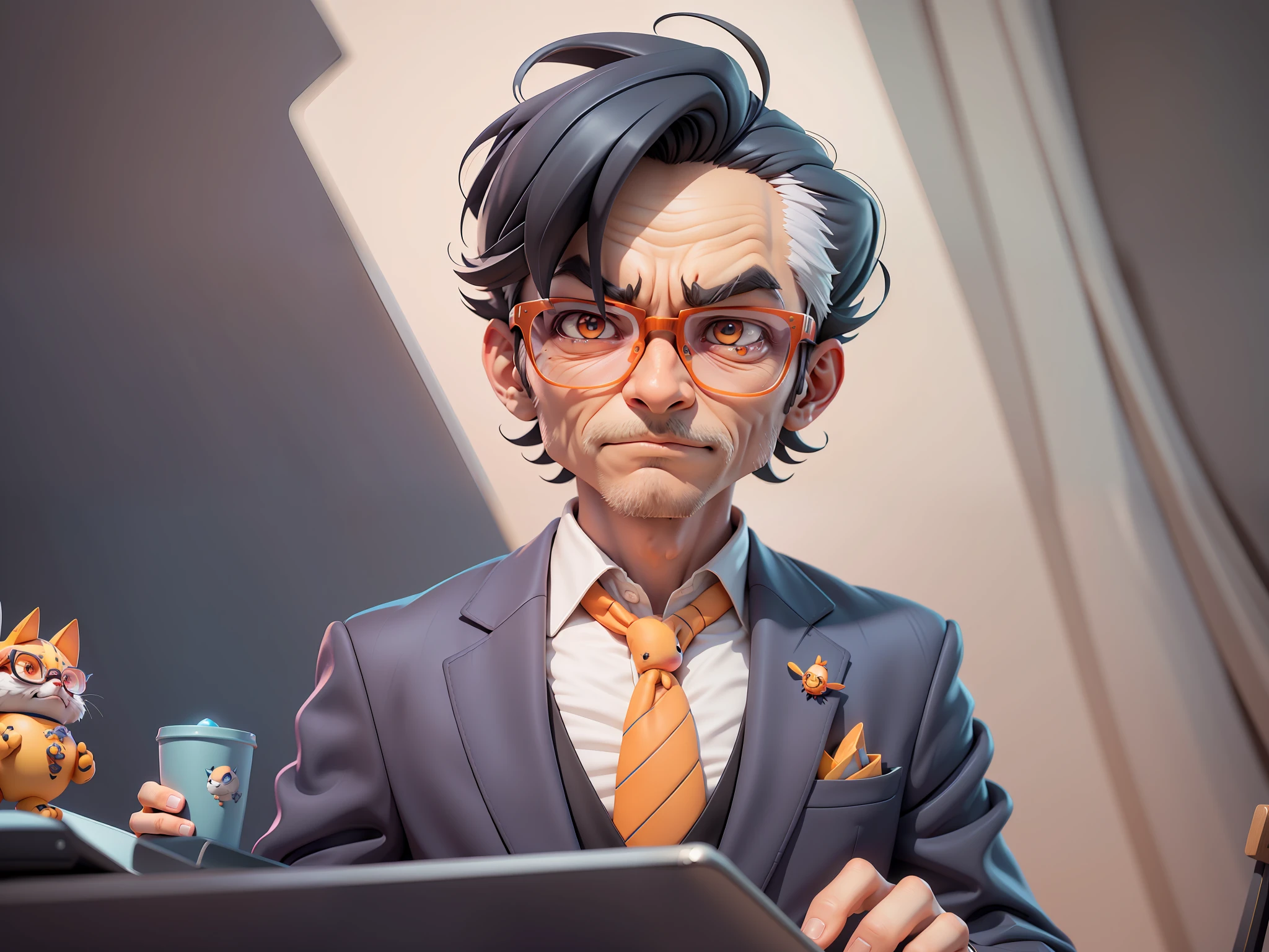 A young man in a suit, Short hair and glasses sat at his desk,holding laptop,digitial painting,tigre,3D character design by Mark Clairen and Pixar and Hayao Miyazaki and Akira Toriyama,4K HD illustration,Very detailed facial features and cartoon-style visuals。