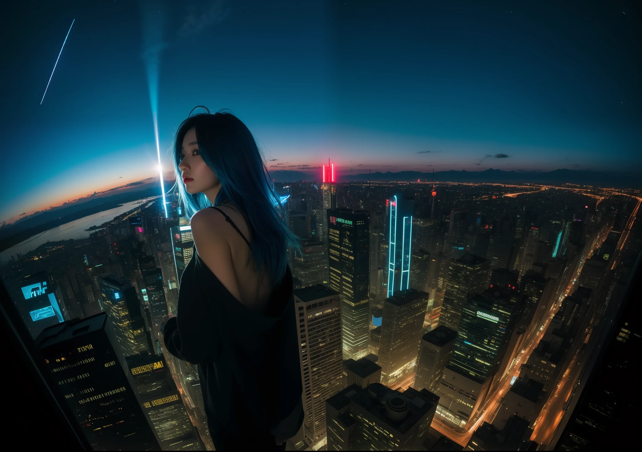 (Masterpiece), Best quality, 超高分辨率,, cyberpunk 1girl flying above stunning cityscape ,Hoodie,Blue hair,  neon color shooting stars, Red long-haired, cropped shoulders, feathers hair ornament, Neon colors, twinkle, stunning night sky, Cinematic lighting, Photorealistic, Realistic skin, hdr,二重まぶた，fish eye，