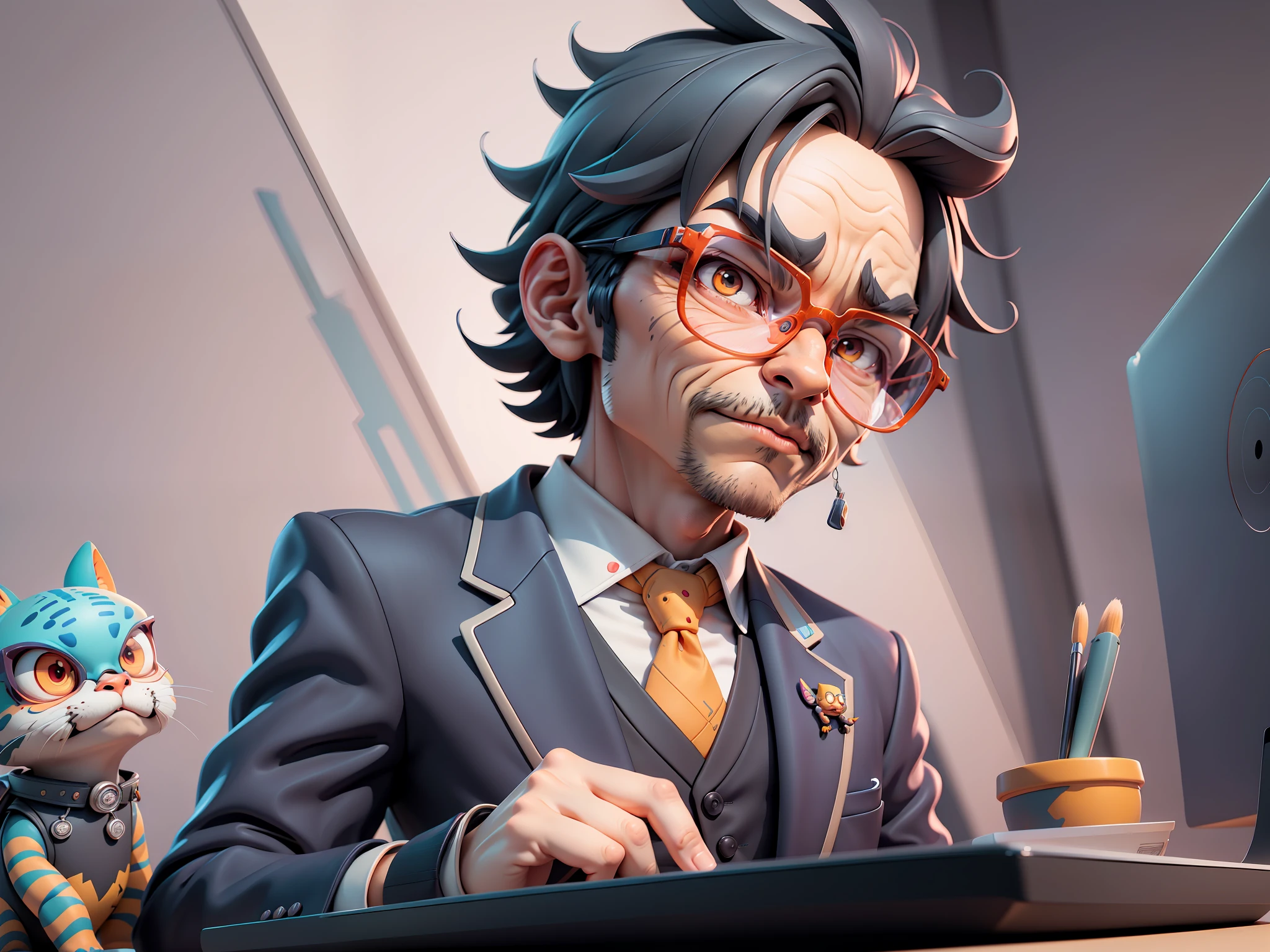 A young man in a suit, Short hair and glasses sat at his desk,holding laptop,digitial painting,tigre,3D character design by Mark Clairen and Pixar and Hayao Miyazaki and Akira Toriyama,4K HD illustration,Very detailed facial features and cartoon-style visuals。
