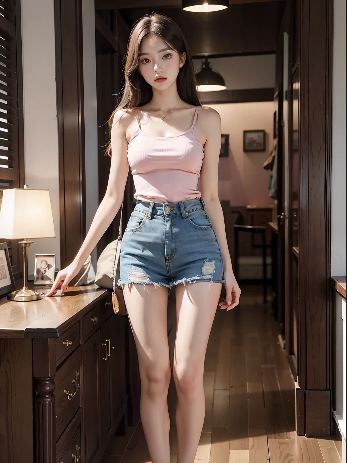best qualtiy, Full body like,Refined face,18-year-old girl,Slim body,Oversized bust,Short waist pink denim skirt,Stand tall with long hair