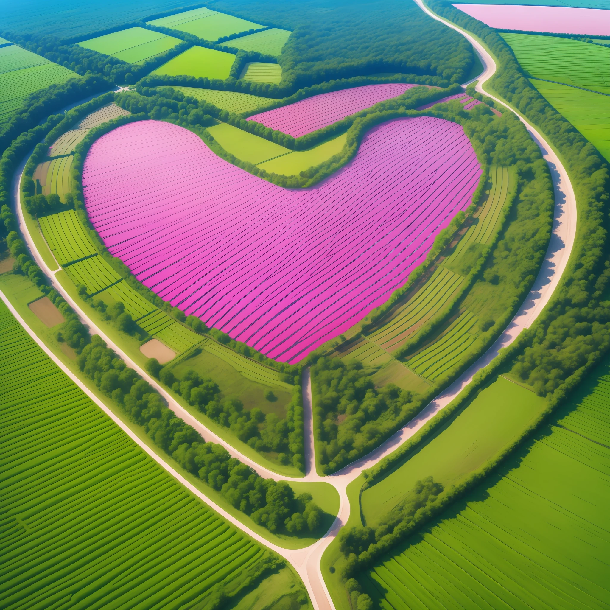 There is a pink heart-shaped cloud over the field, stream of love and happiness, pink landscape, (Heart), Beautiful artwork, beautiful image ever created, Beautiful digital artwork, Beautiful image, Really beautiful nature, flowing pink-colored silk, beautiful digital art, magic heart, Beautiful wallpaper, pink zen style, Beautiful nature, heaven pink, beautiful art,Terraced heart-shaped,ricefield, terraced, , aerial view of an ancient land,