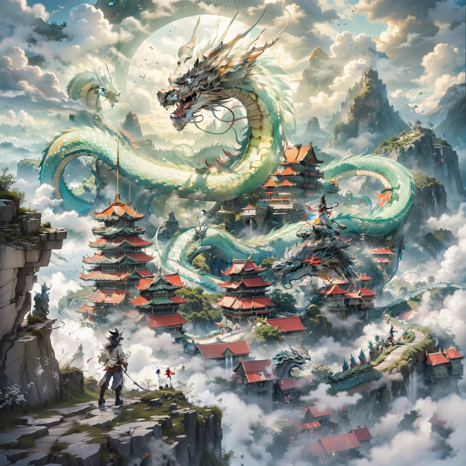 In the distance, A Chinese dragon soars over a building high on a mountain，Dragon's eyes，dragon claw，Sword dancing boy dressed in white on a cliff:1.1，A wonderland building suspended in the air，acurate，high qulity，best qualtiy，ultra - detailed