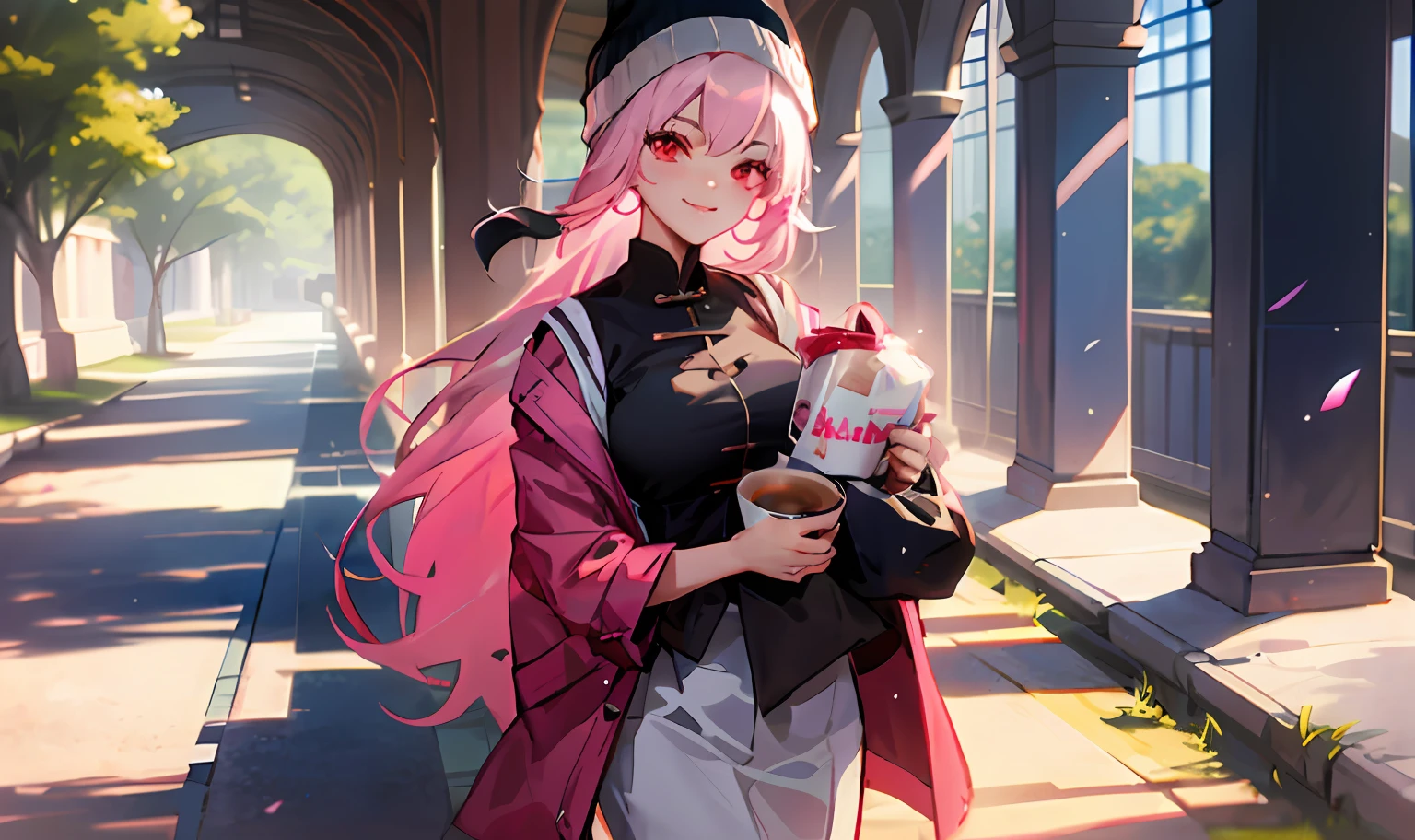 quadratic element,high school senior,White to pink snake gradient hair,jk,anime big breast,blacksilk,Red eyes,Beanie shoes,Walk around campus,holding milk tea in hand,Pink lips,ssmile,rays of sunshine,Poor milk,Girly,