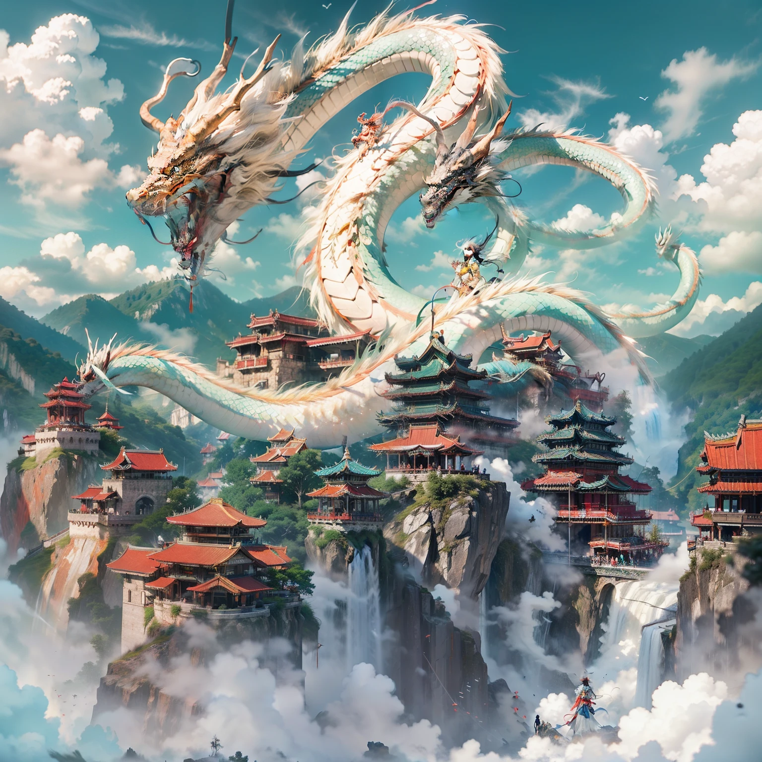 In the distance, A Chinese dragon soars over a building high on a mountain，Dragon's eyes，dragon claw，Sword dancing boy dressed in white on a cliff:1.1，A wonderland building suspended in the air，acurate，high qulity，best qualtiy，ultra - detailed