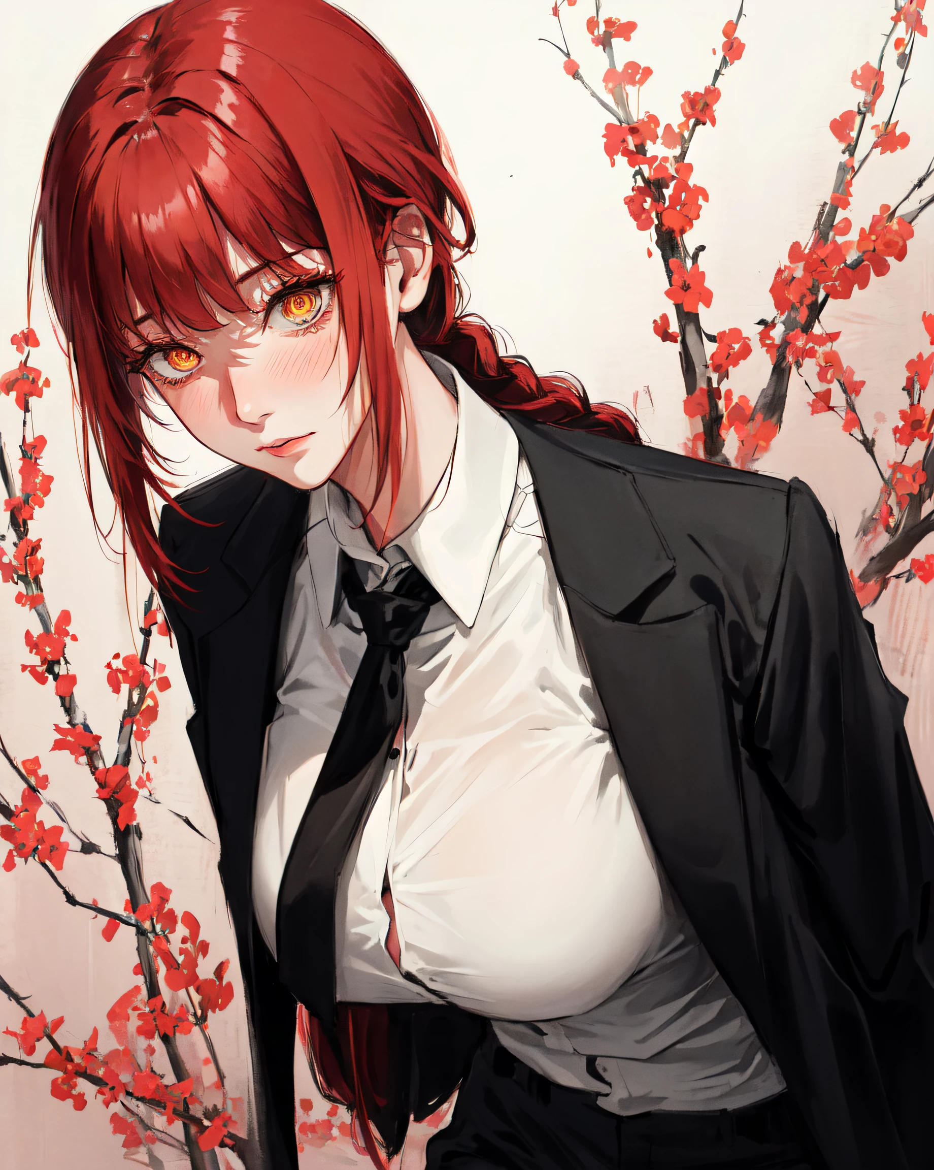 best quality, 1girl, white wet shirt, collared shirt, black necktie, black trousers, nose blush, looking down, sensual, rotated, granny flat, evening, corneo_makima, makima \(chainsaw man\), (large breasts:1.4) , fingersmile:1.2, bored, nose blush, ringed eyes, red hair, braided ponytail,  color connection, colorized, vibrant color scheme, colorful, spot color, nsfw, cinematography, hyperdetailed, beautiful face, 4k, HD, artstation trending on artstation