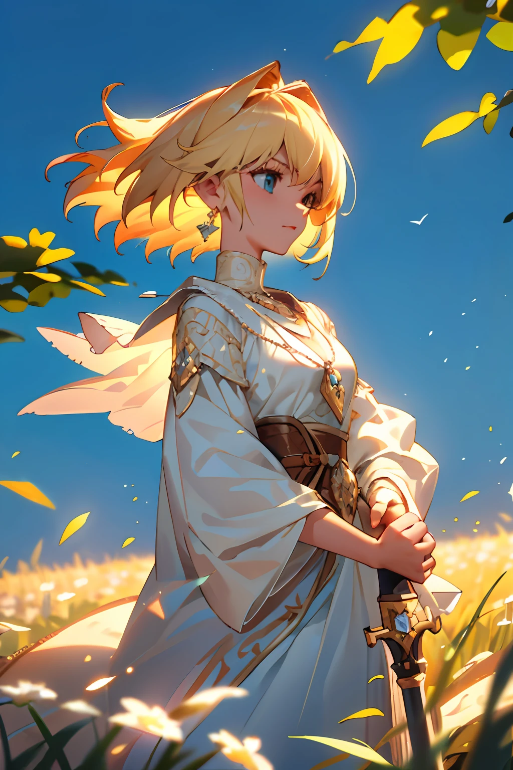 World of Warcraft style，1girll，full bodyesbian，The details are clear、soft eye，Perfect face，Short light blonde hair，A light breeze，Holding a long-handled weapon，Delicate pendant，Delicate earrings，Revealing clothing，The expression is soft，Standing on a beautiful field，In the daytime，Plenty of lighting